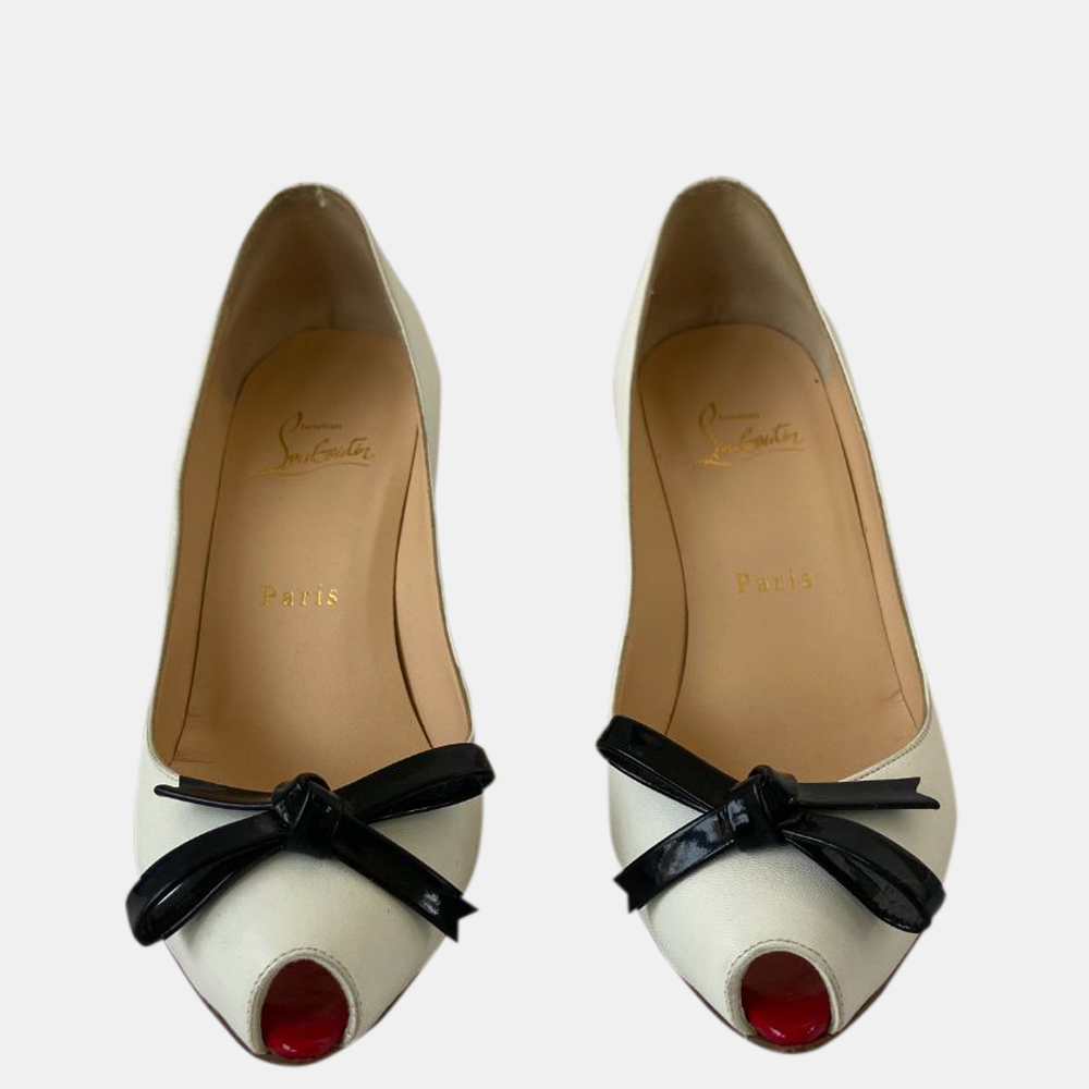 

Christian Louboutin White Leather Tibunodo Bow Peep Toe Pumps Size EU
