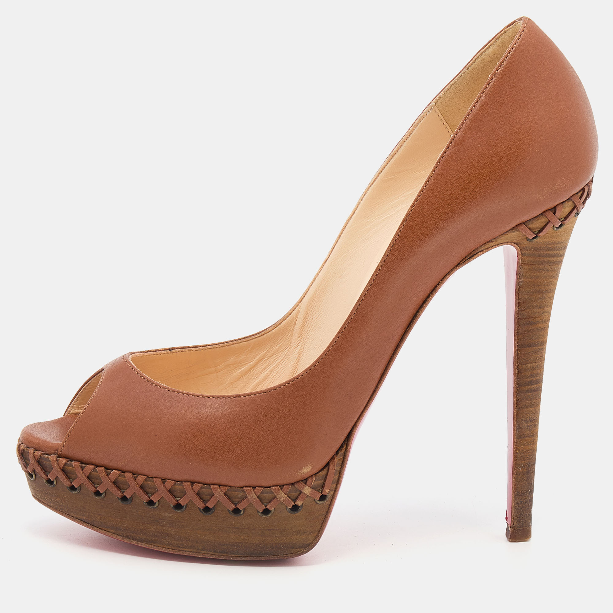 Pre-owned Christian Louboutin Brown Leather Lady Indiana Peep Toe Platform Pumps Size 39