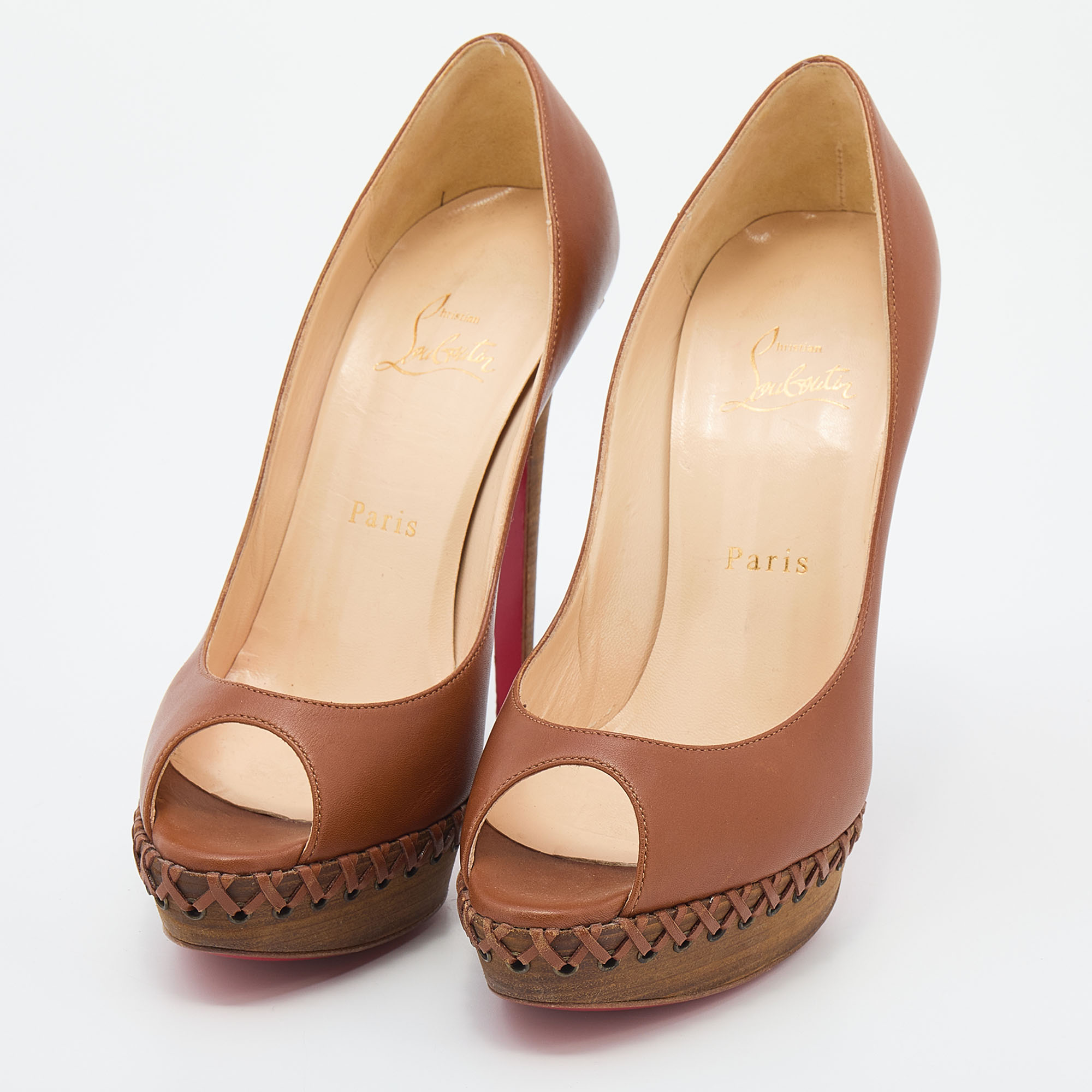 

Christian Louboutin Brown Leather Lady Indiana Peep Toe Platform Pumps Size