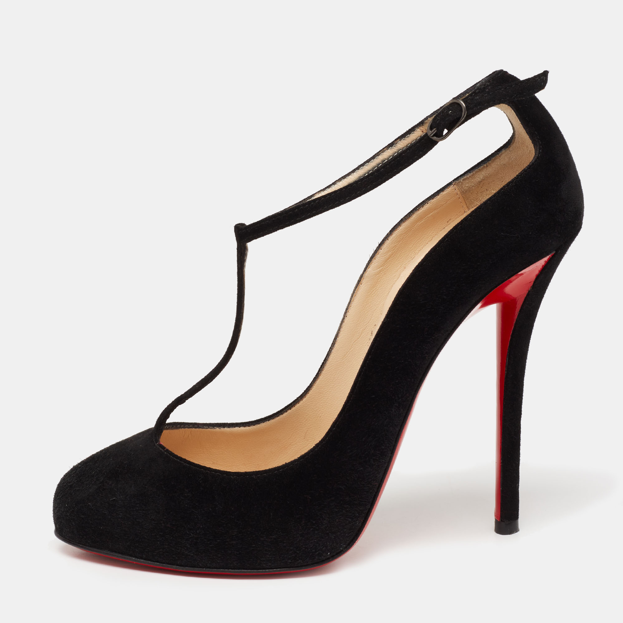 Pre-owned Christian Louboutin Black Suede T-strap Pumps Size 36