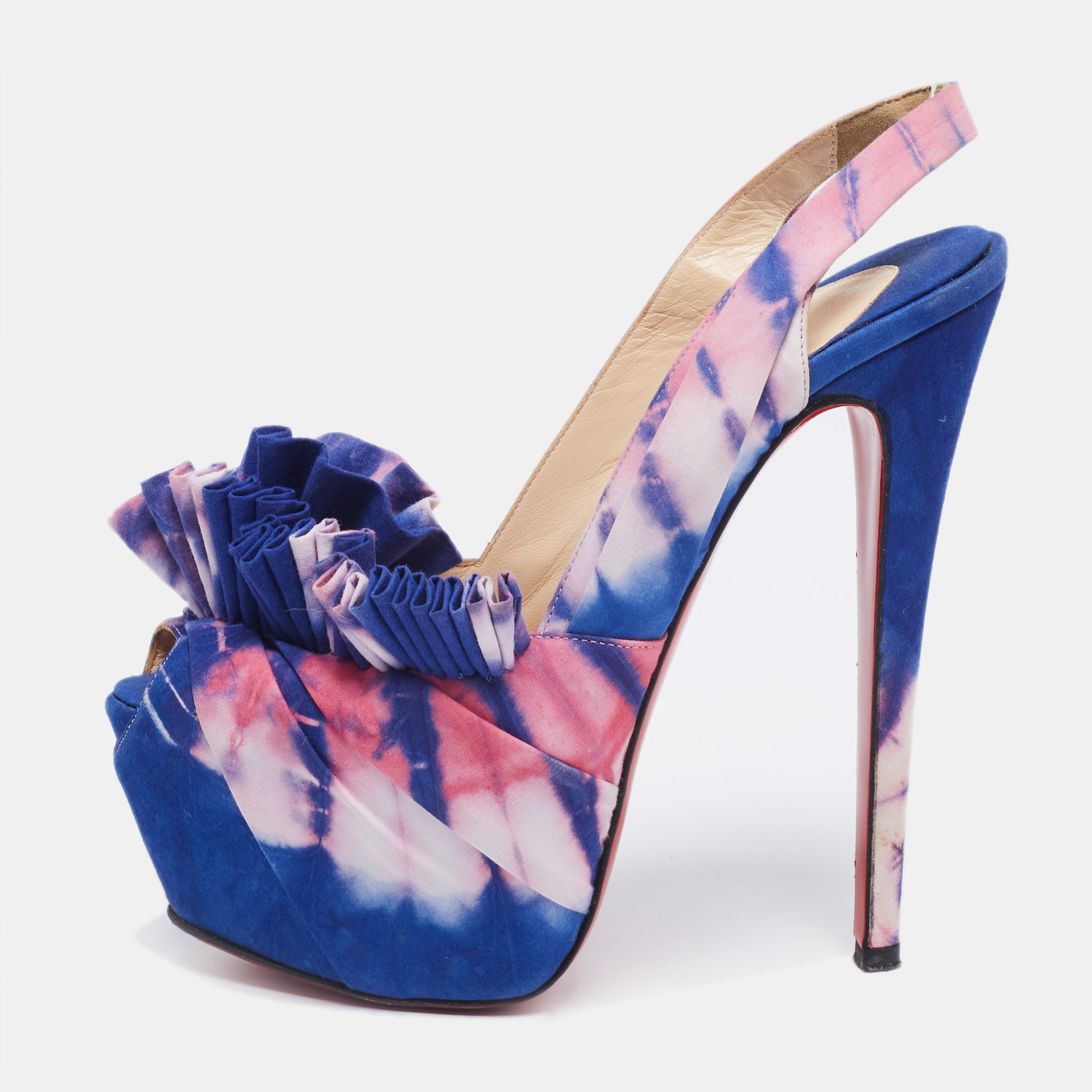 Pre-owned Christian Louboutin Blue/pink Tie And Dye Fabric High Boubou Bazin Slingback Sandals Size 38