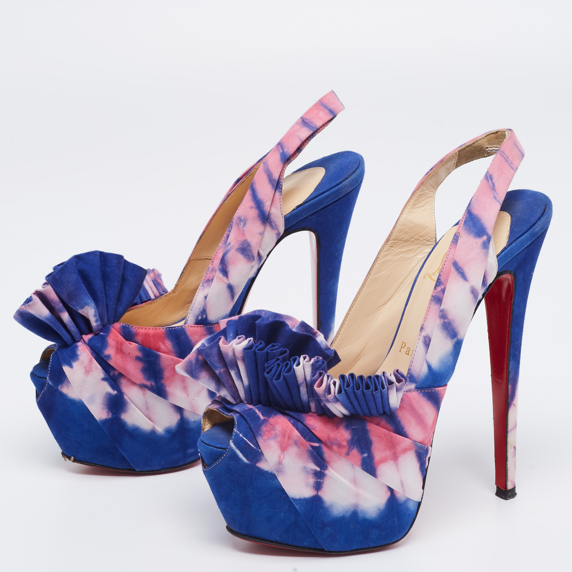 

Christian Louboutin Blue/Pink Tie and Dye Fabric High BouBou Bazin Slingback Sandals Size