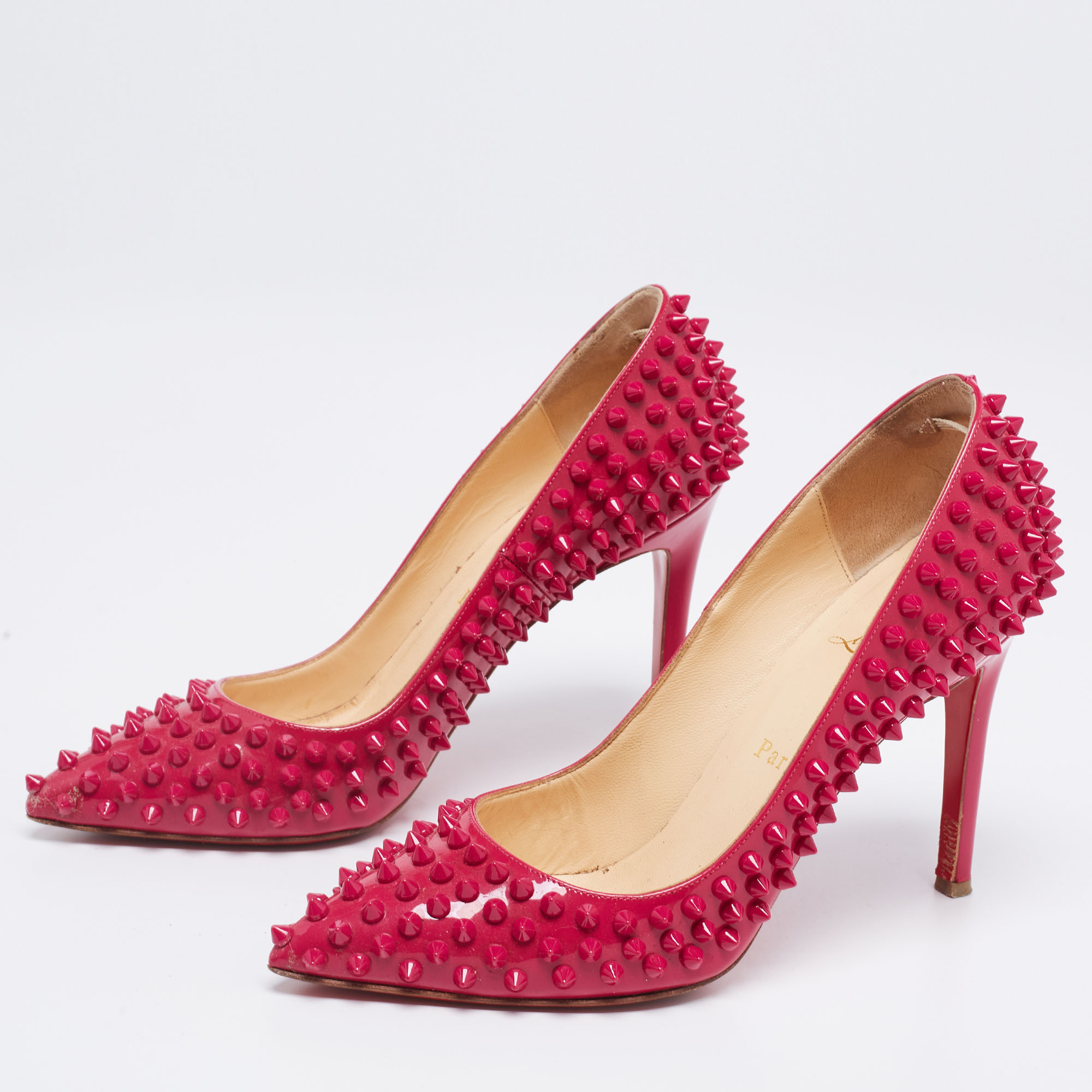 

Christian Louboutin Pink Patent Leather Follies Spikes Pointed Toe Pumps Size