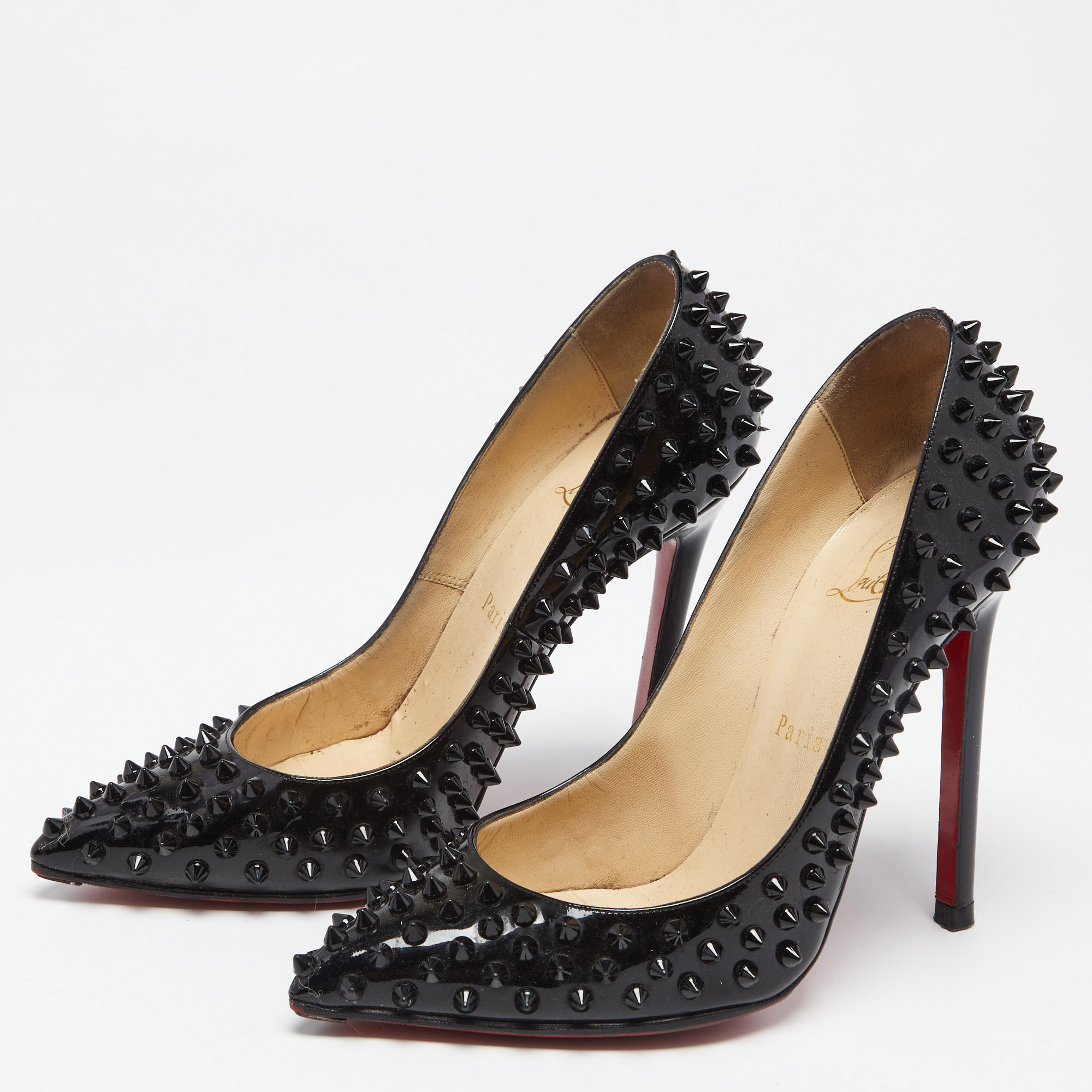 

Christian Louboutin Black Patent Leather Follies Spikes Pointed Toe Pumps Size