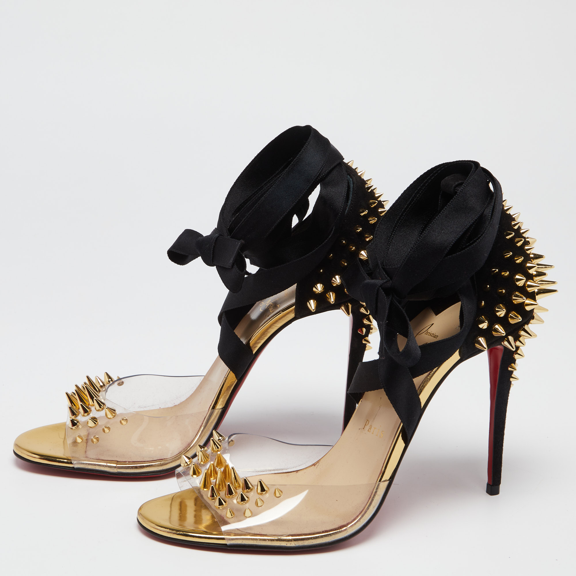 

Christian Louboutin Black Suede and PVC Barbarissima Spike Wrap Sandals Size
