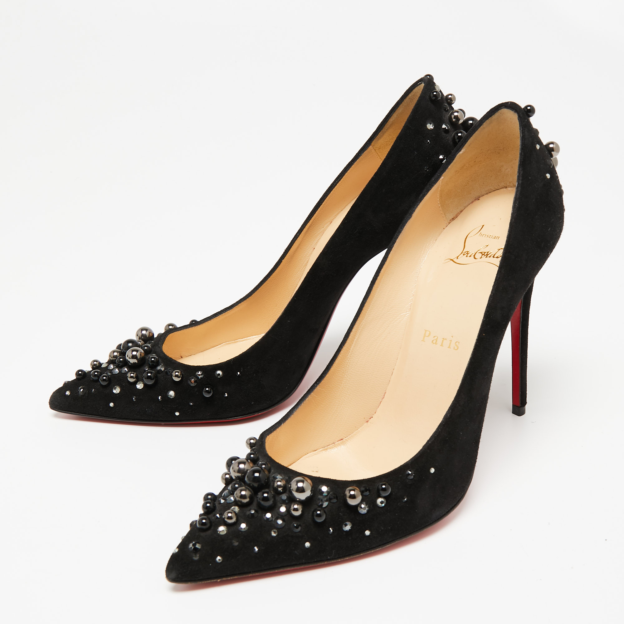 

Christian Louboutin Black Suede Candidate Embellished Pointed Toe Pumps Size