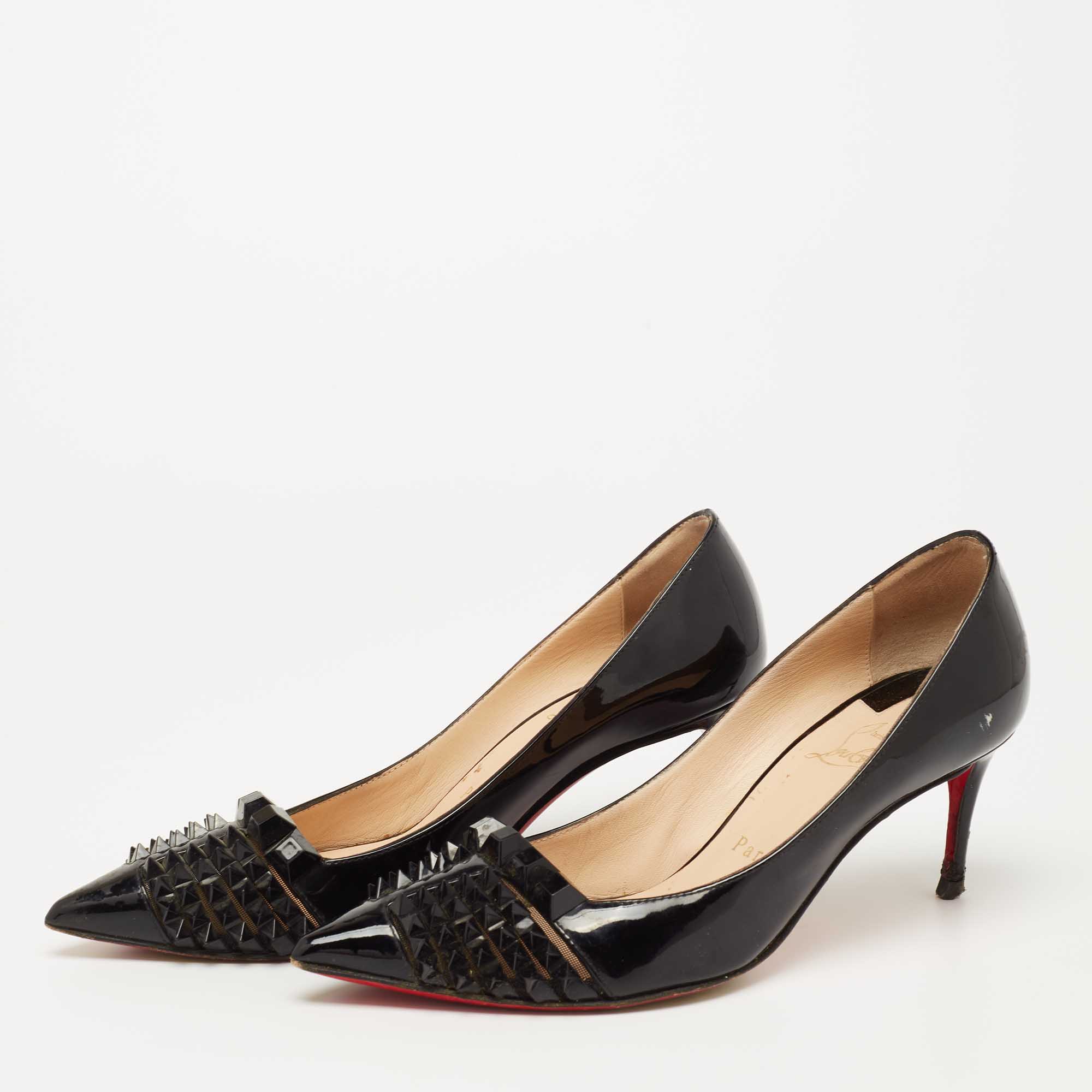 

Christian Louboutin Black Patent Leather and Mesh Pyramid Studded and Spiked Cap-Toe Pumps Size