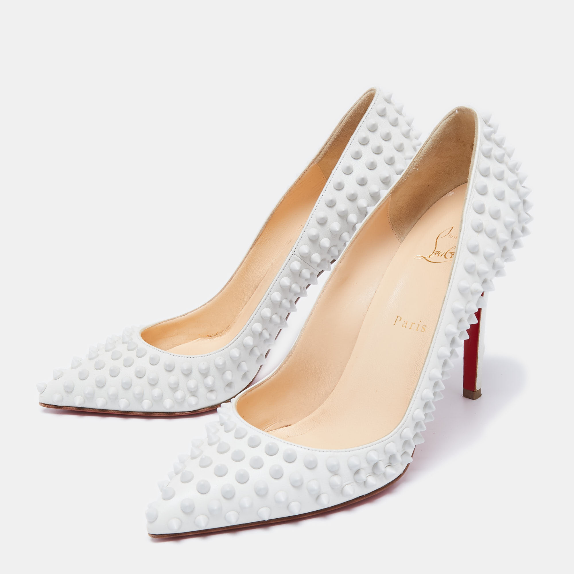 

Christian Louboutin White Leather Pigalle Spikes Pumps Size