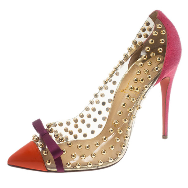 Pre Owned Christian Louboutin Studded PVC Bille Et Boule Bow Pumps Size 38