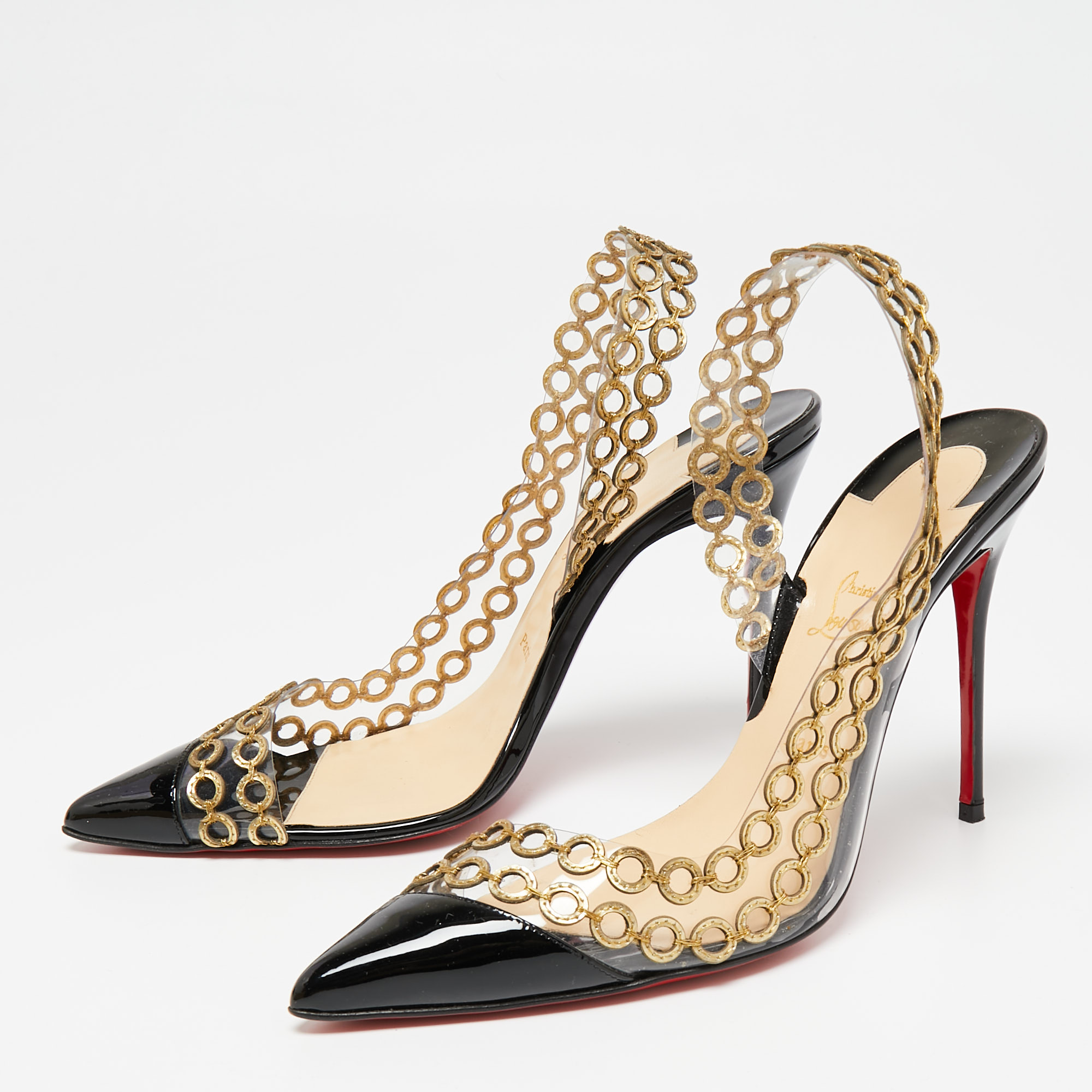 

Christian Louboutin Black Patent Leather and PVC Malaika Chain Slingback Pumps Size