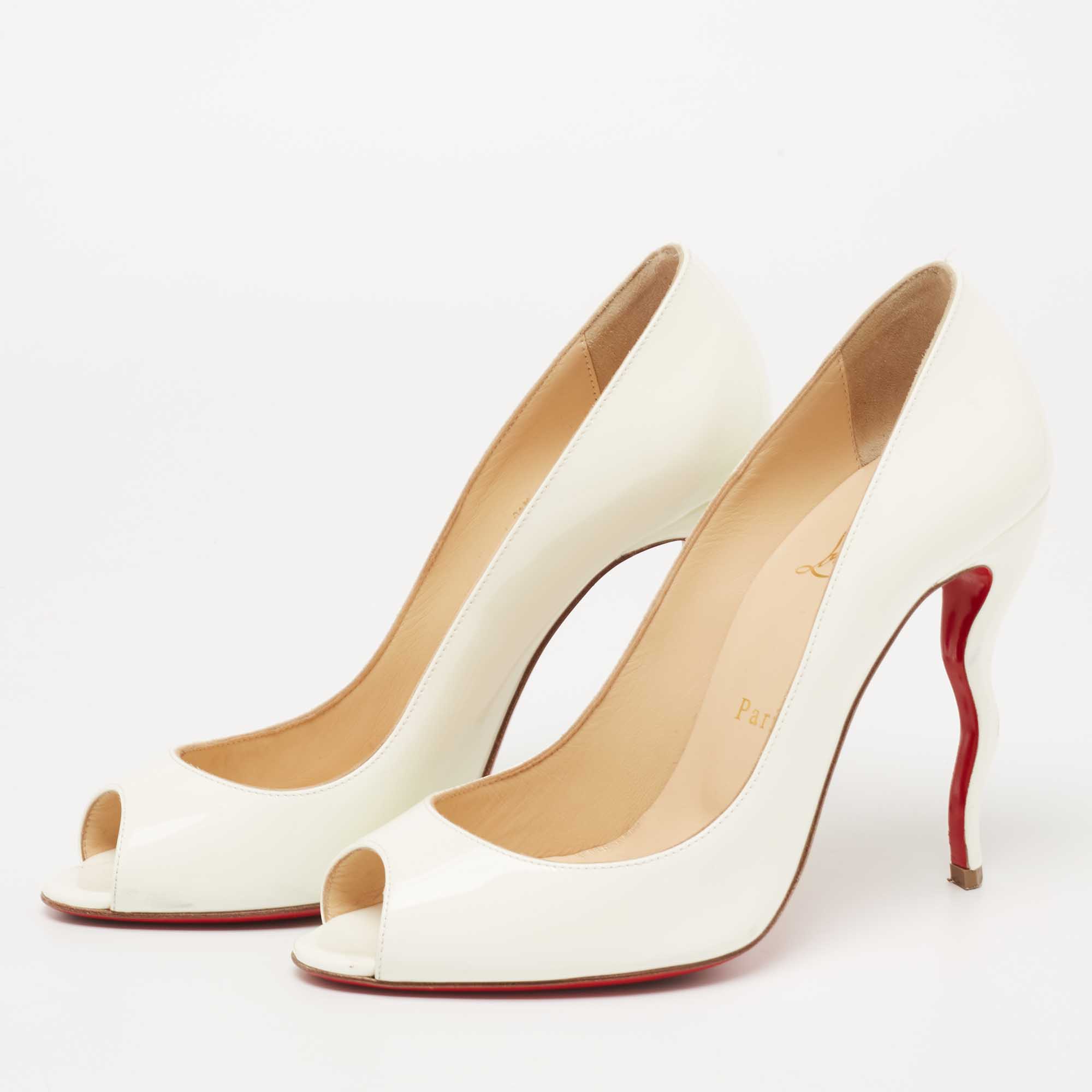 

Christian Louboutin White Patent Leather Jolly Wavy Peep-Toe Pumps Size