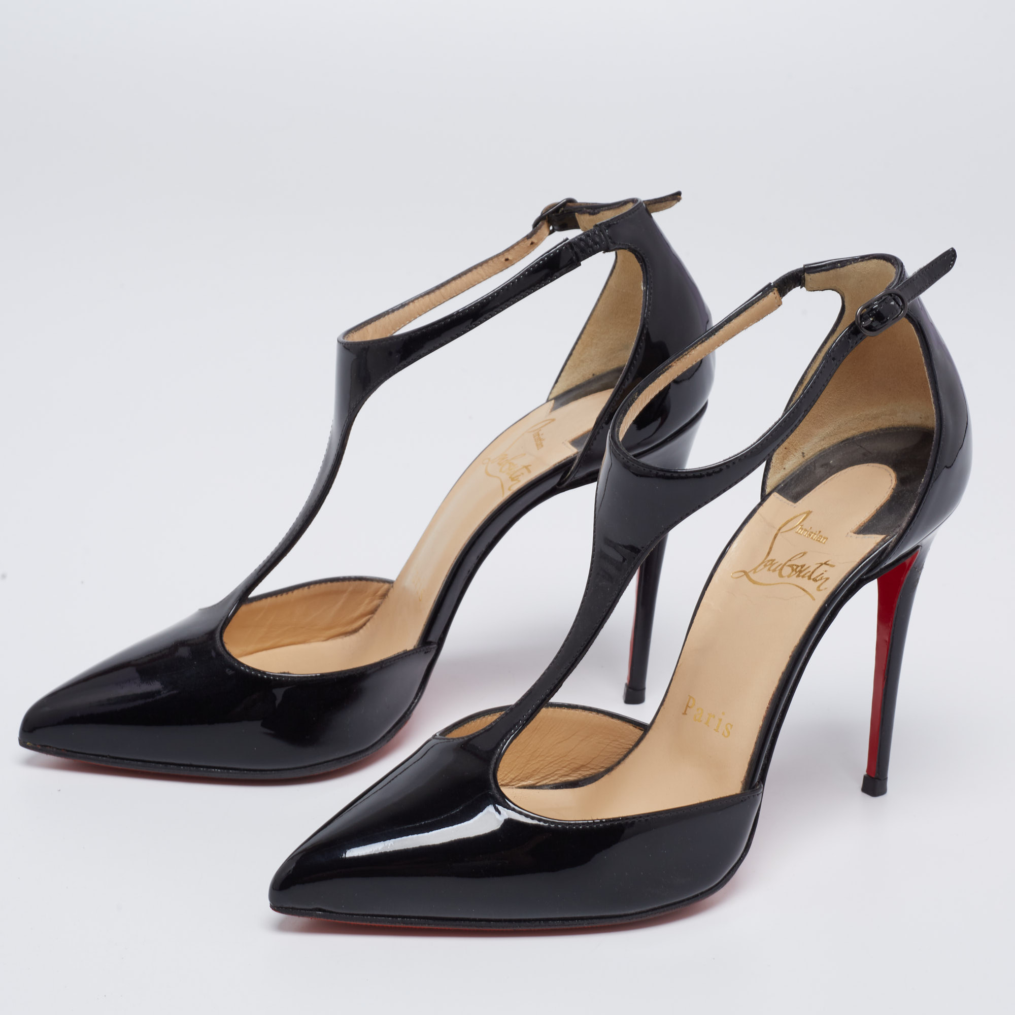 

Christian Louboutin Black Patent Leather J String T-Strap Pumps Size