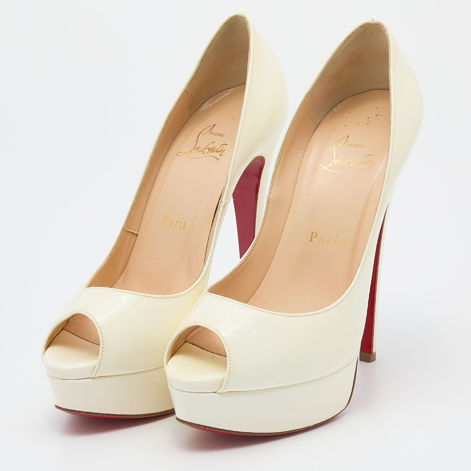 

Christian Louboutin Off White Patent Leather Lady Peep Toe Platform Pumps Size