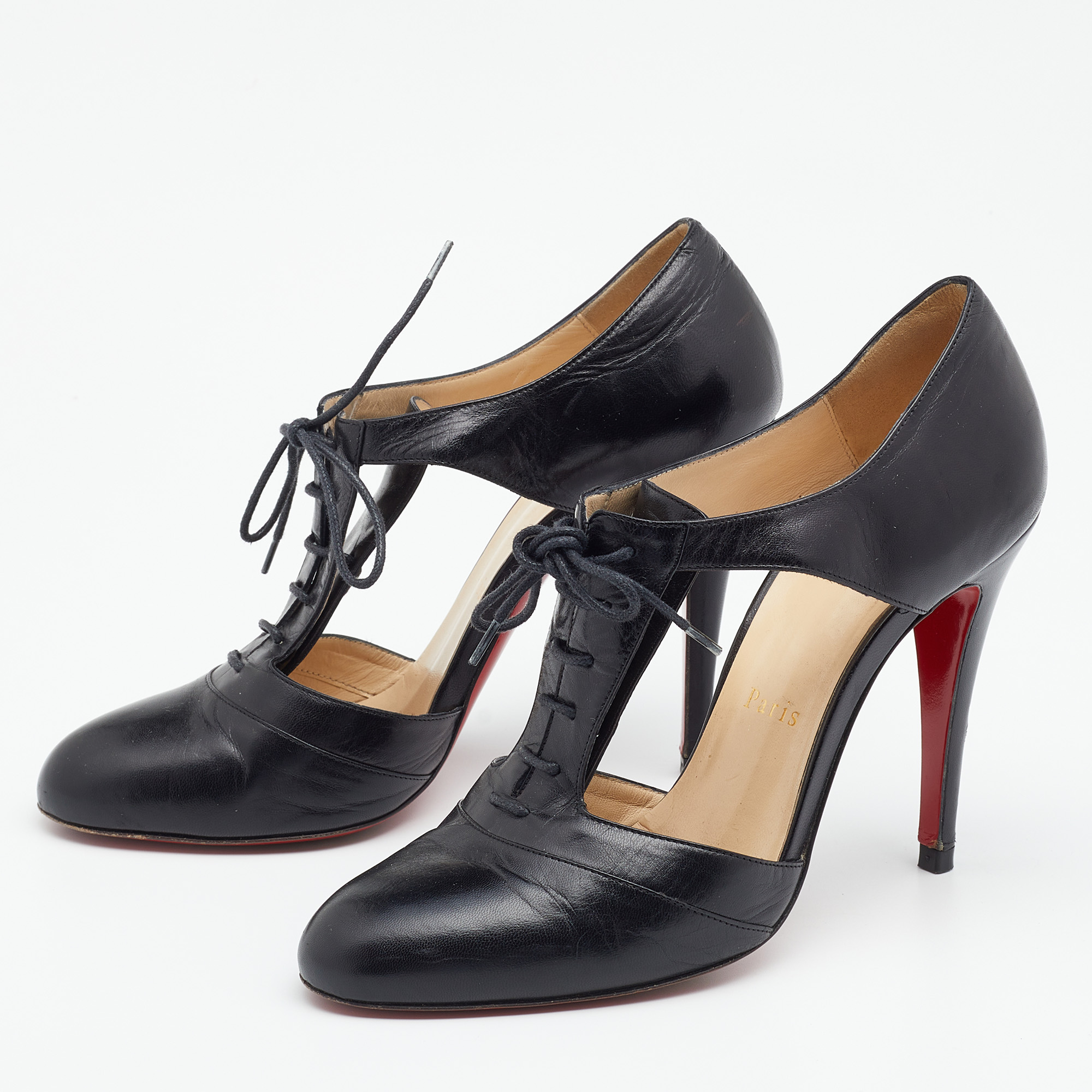 

Christian Louboutin Black Leather Lace up Ankle Length Booties Size