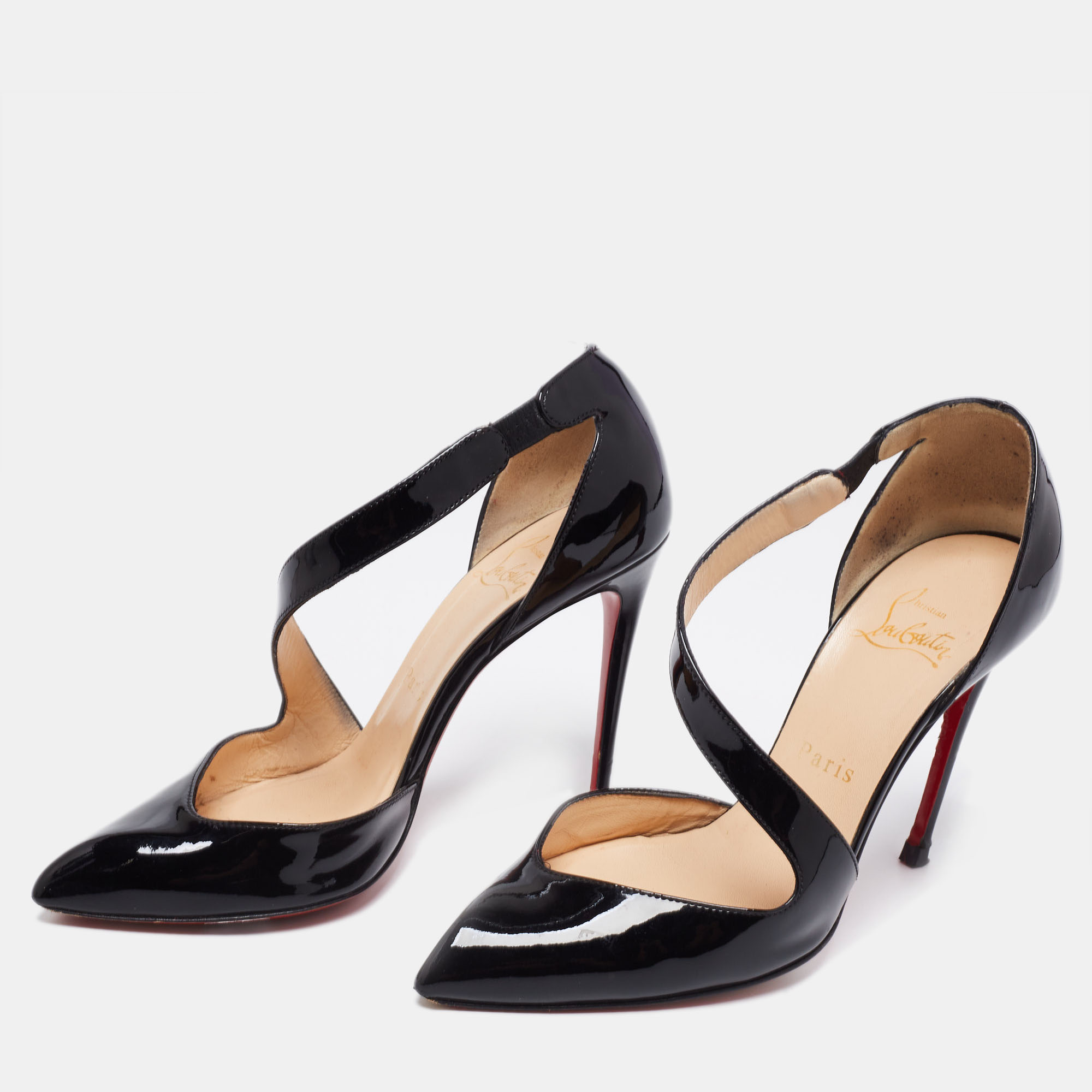 

Christian Louboutin Black Patent Leather Opgrade Cross Strap Pumps Size