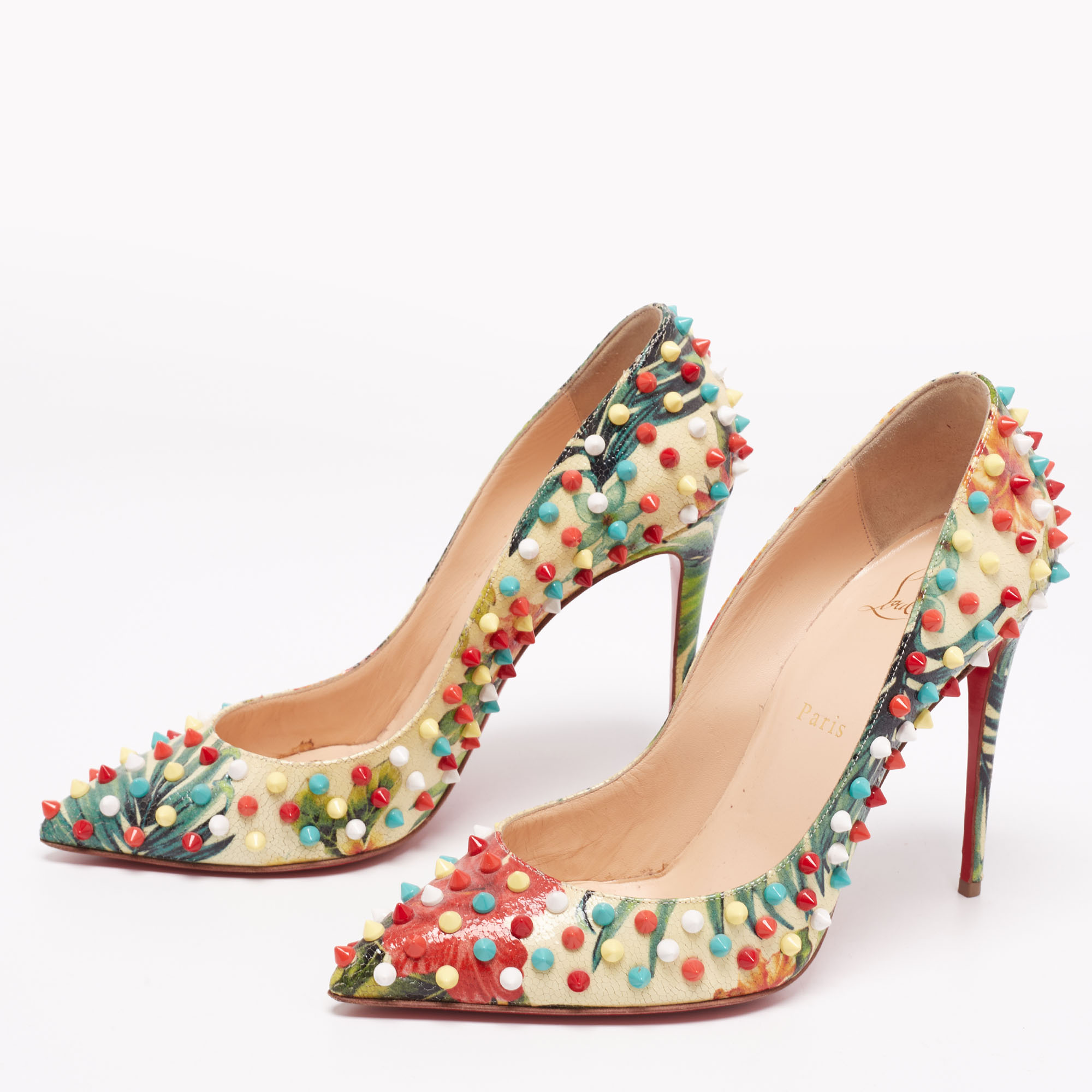 

Christian Louboutin Multicolor Floral Crackled Leather Hawaiian Follies Spike Pumps Size