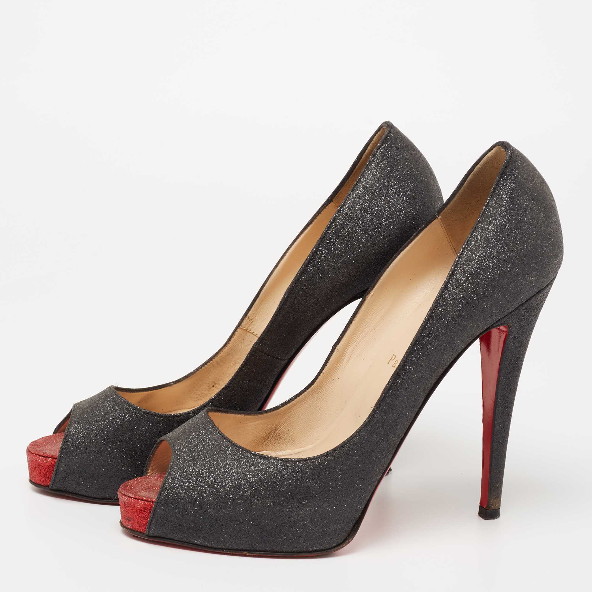 

Christian Louboutin Dark Grey Glitter Very Prive Peep-Toe Pumps Size