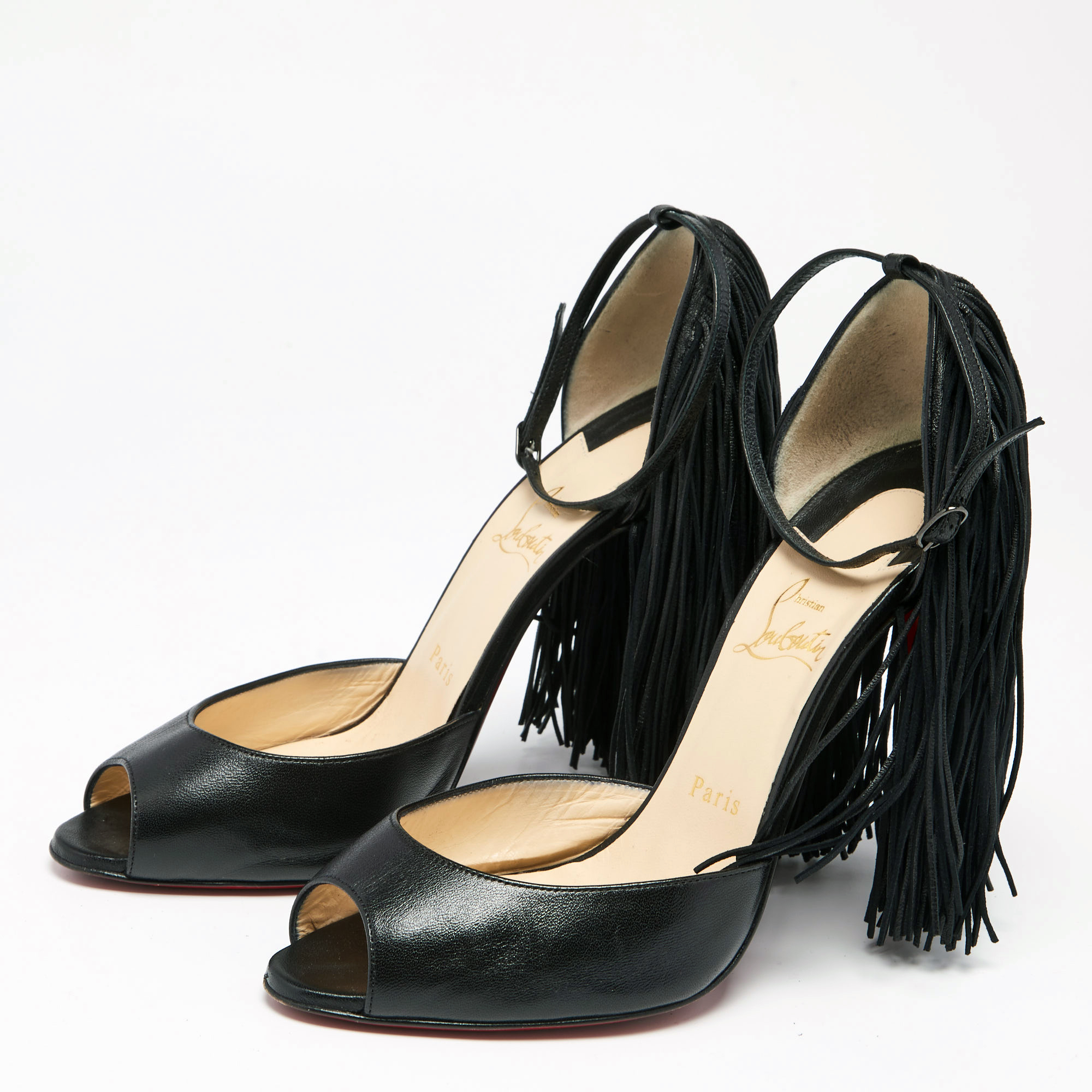 

Christian Louboutin Black Leather Otrot Fringe Ankle-Strap Sandals Size