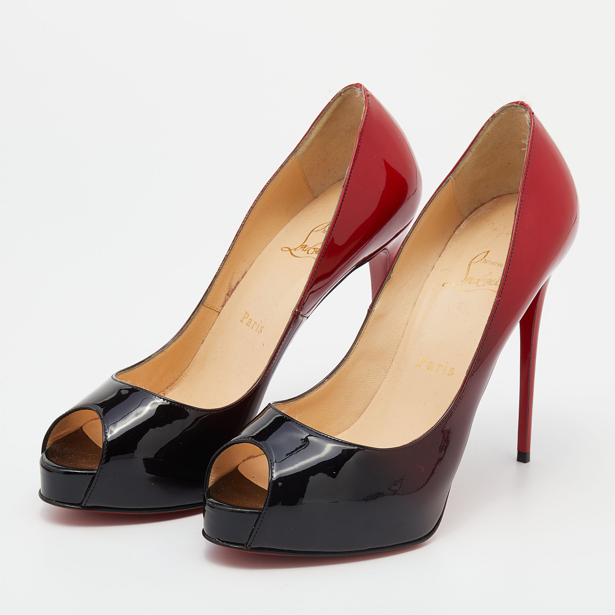 

Christian Louboutin Black/Red Ombre Patent Leather New Very Prive Peep Toe Pumps Size