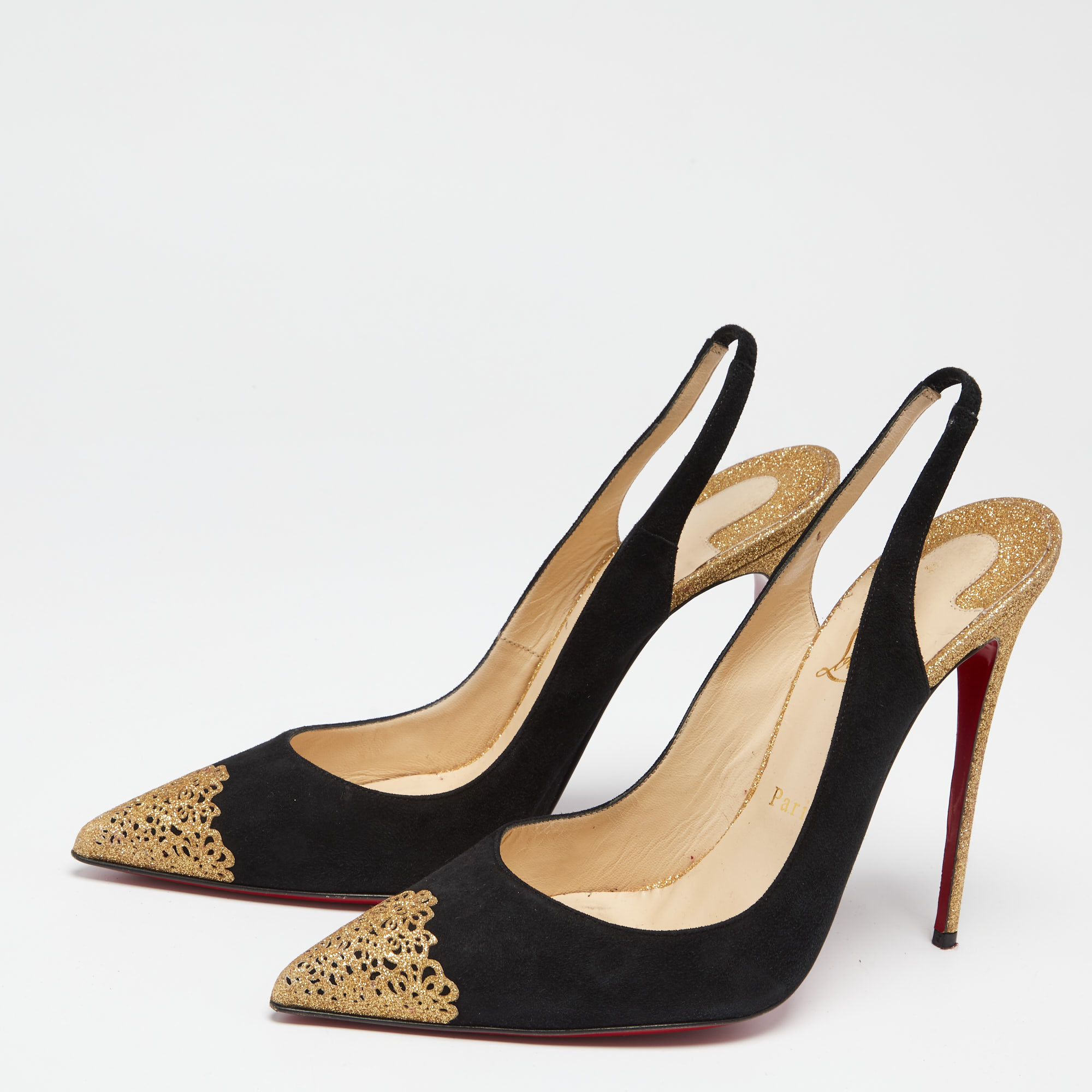 

Christian Louboutin Black Suede and Gold Glitter Almine Pointed-Toe Slingback Pumps Size