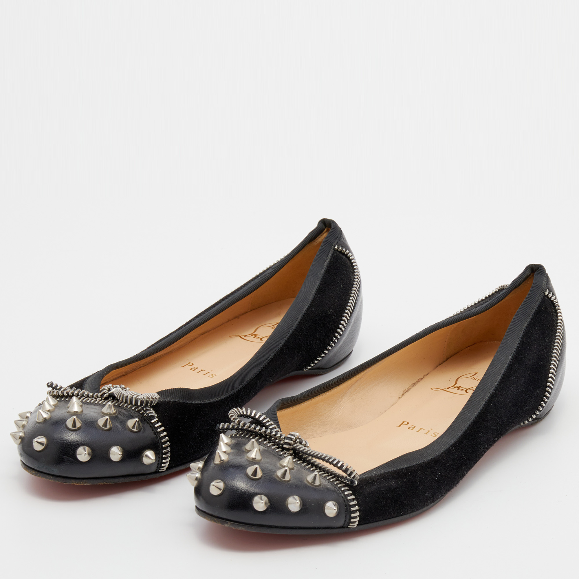 

Christian Louboutin Black Suede and Leather Spiked Zipper Ballet Flats Size