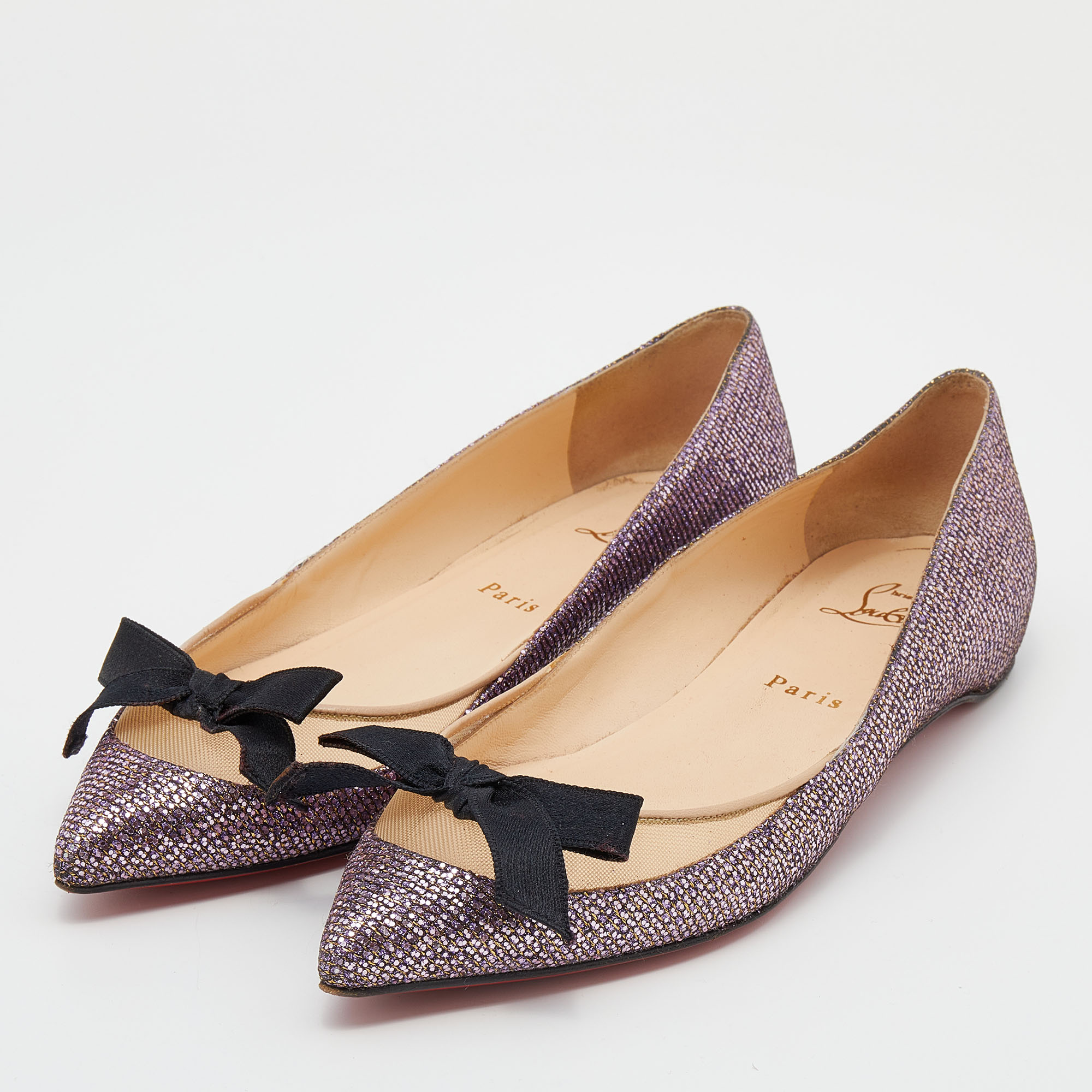 

Christian Louboutin Purple/Beige Glitter Bow Flats Size