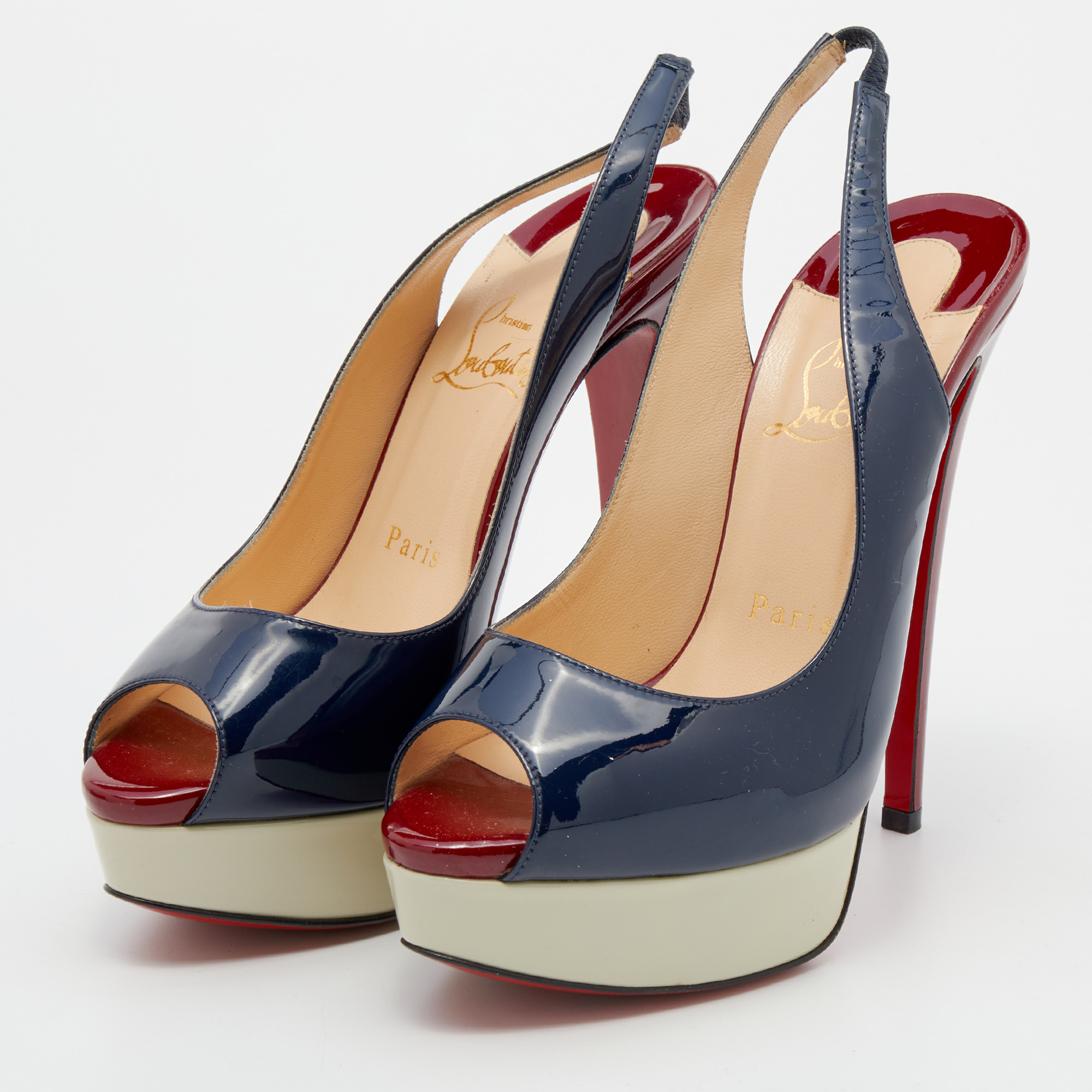 

Christian Louboutin Tricolor Patent Leather Lady Peep Toe Platform Slingback Sandals Size, Multicolor