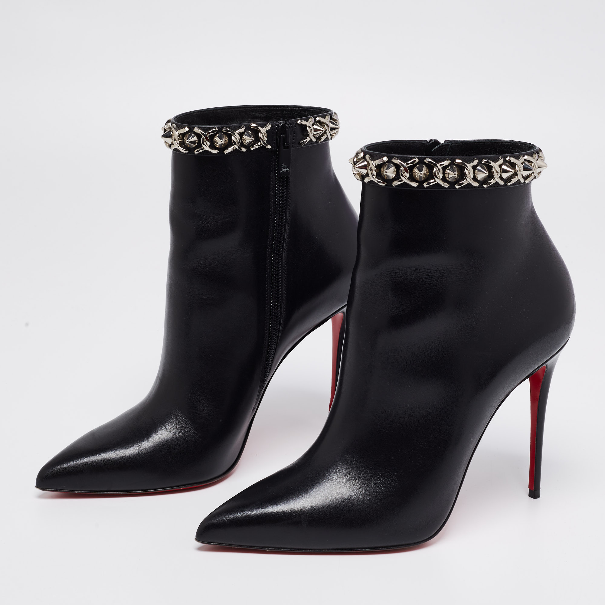

Christian Louboutin Black Leather Booty Spike Chain Pointed-Toe Ankle Booties Size