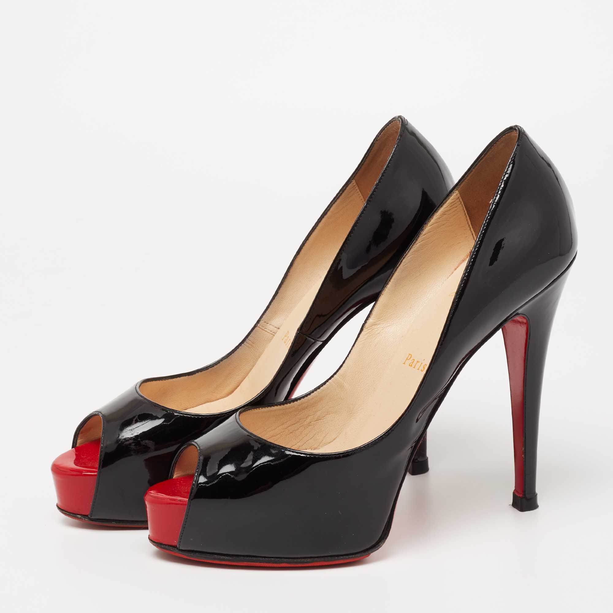 

Christian Louboutin Black Patent Leather Very Prive Peep Toe Pumps Size