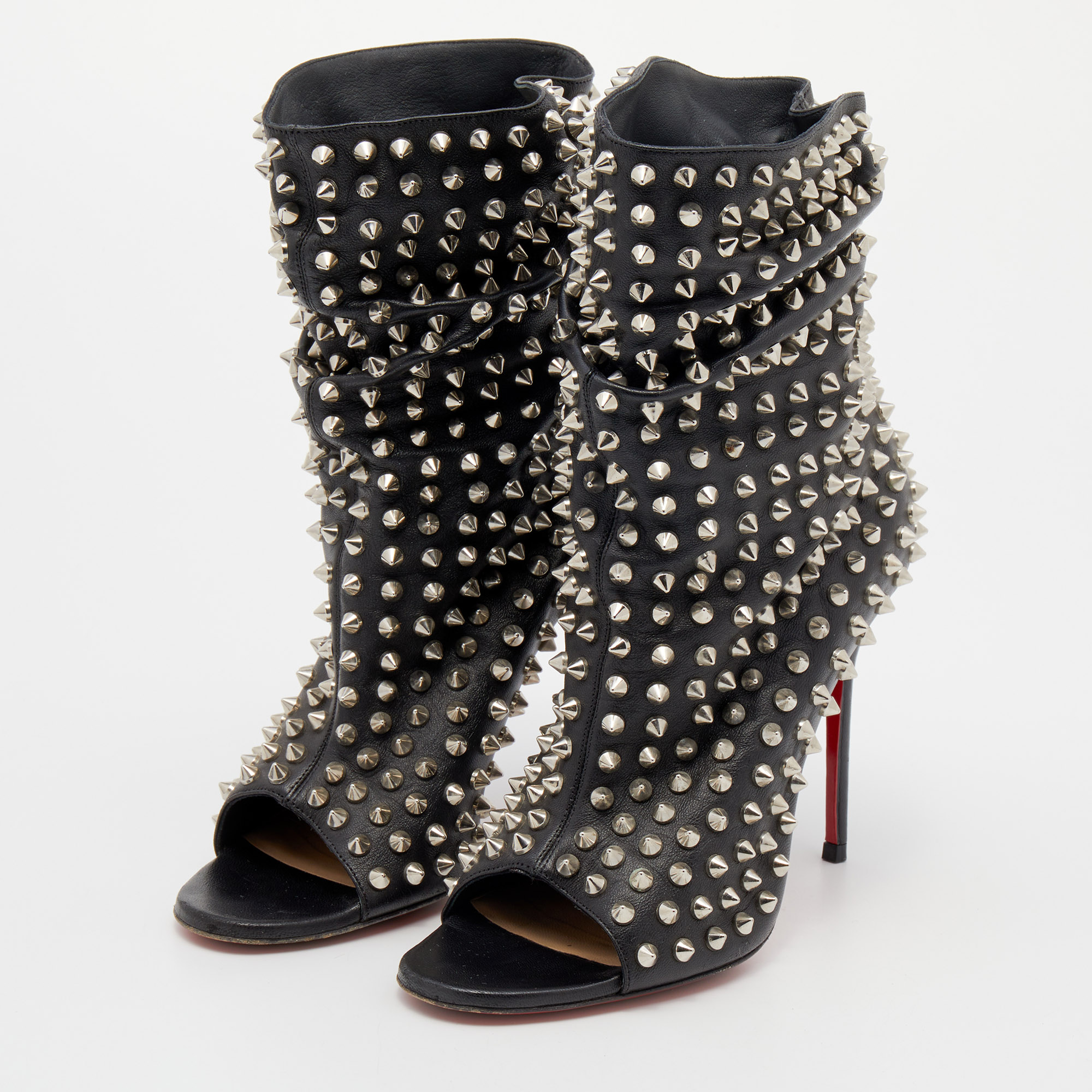 

Christian Louboutin Black Leather Spiked Guerilla Peep Toe Slouchy Ankle Boots Size