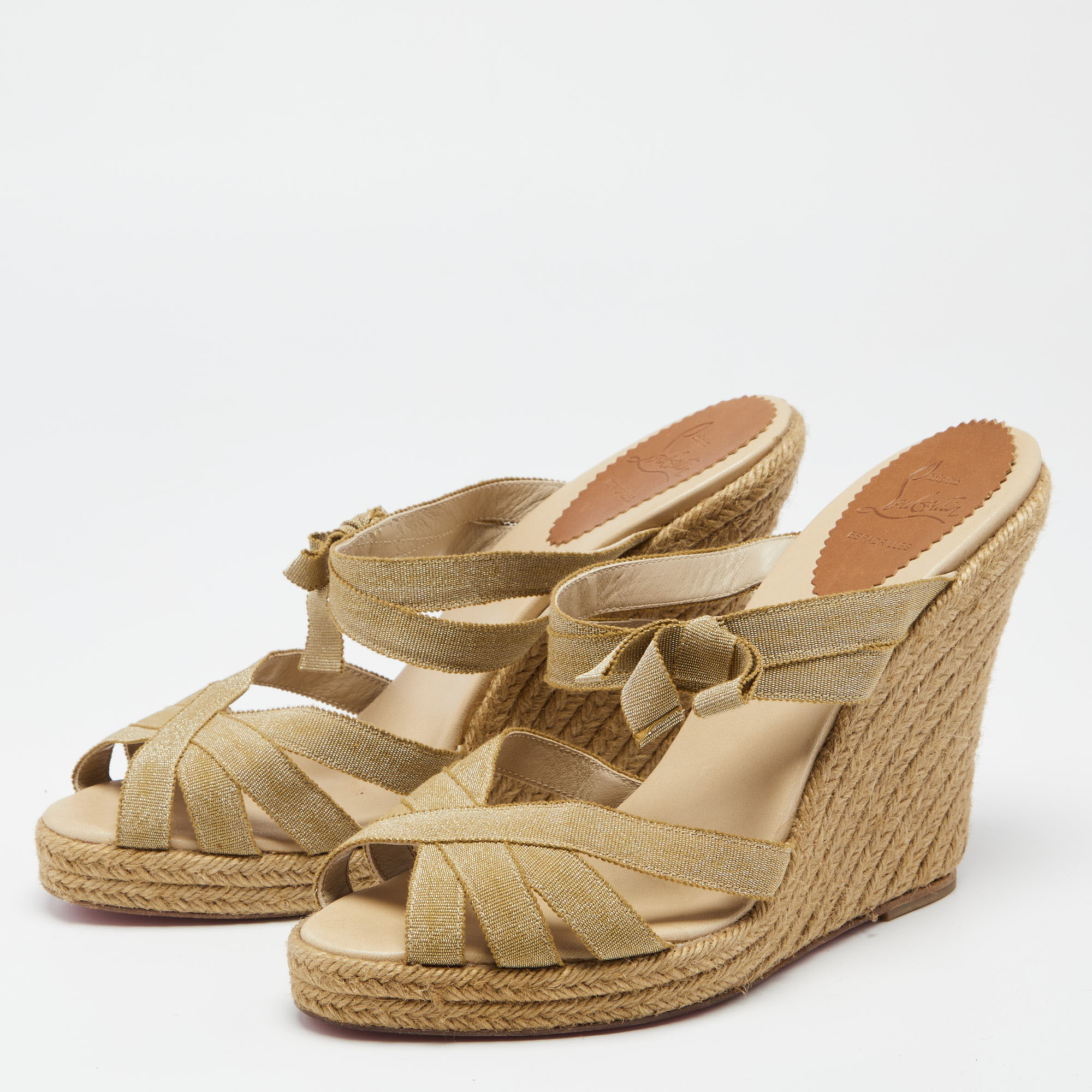 

Christian Louboutin Gold Fabric Delfin Espadrille Wedge Sandals Size