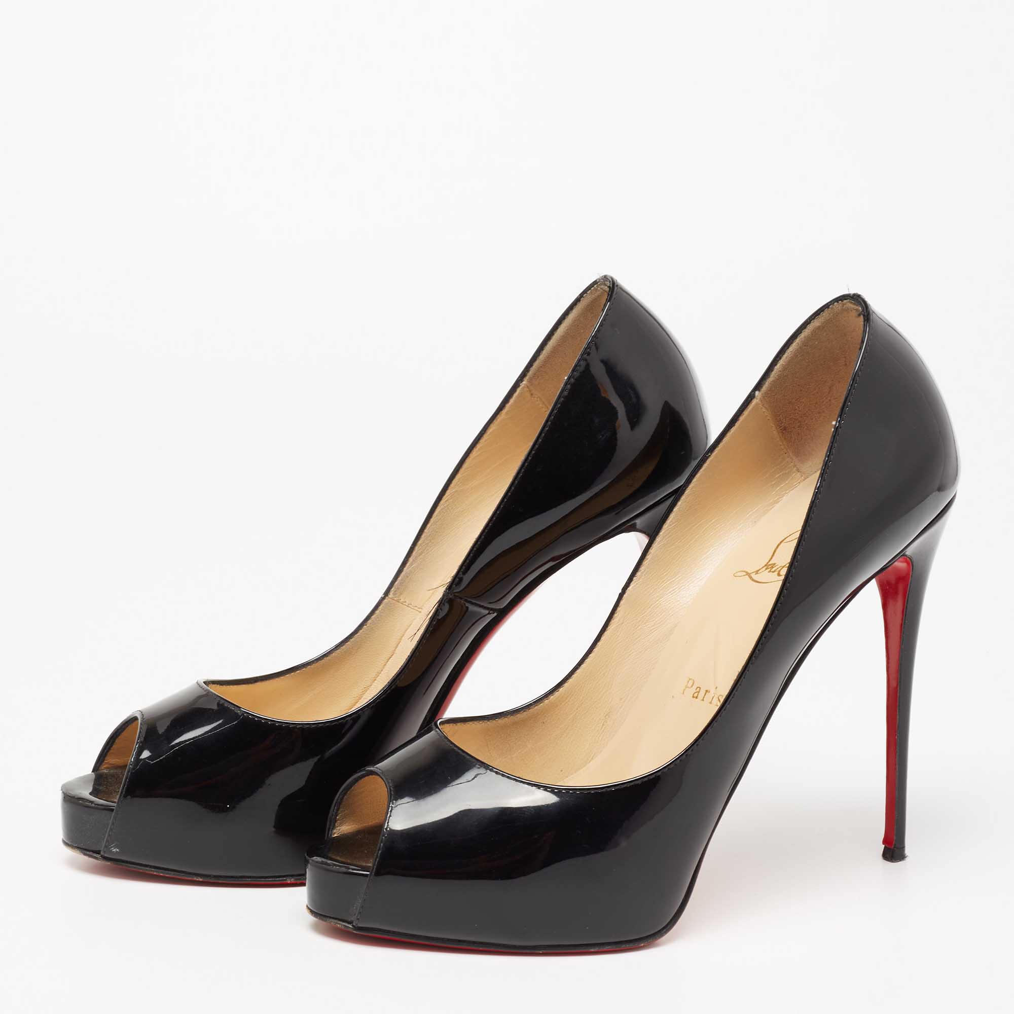 

Christian Louboutin Black Patent Leather Very Prive Peep Toe Pumps Size