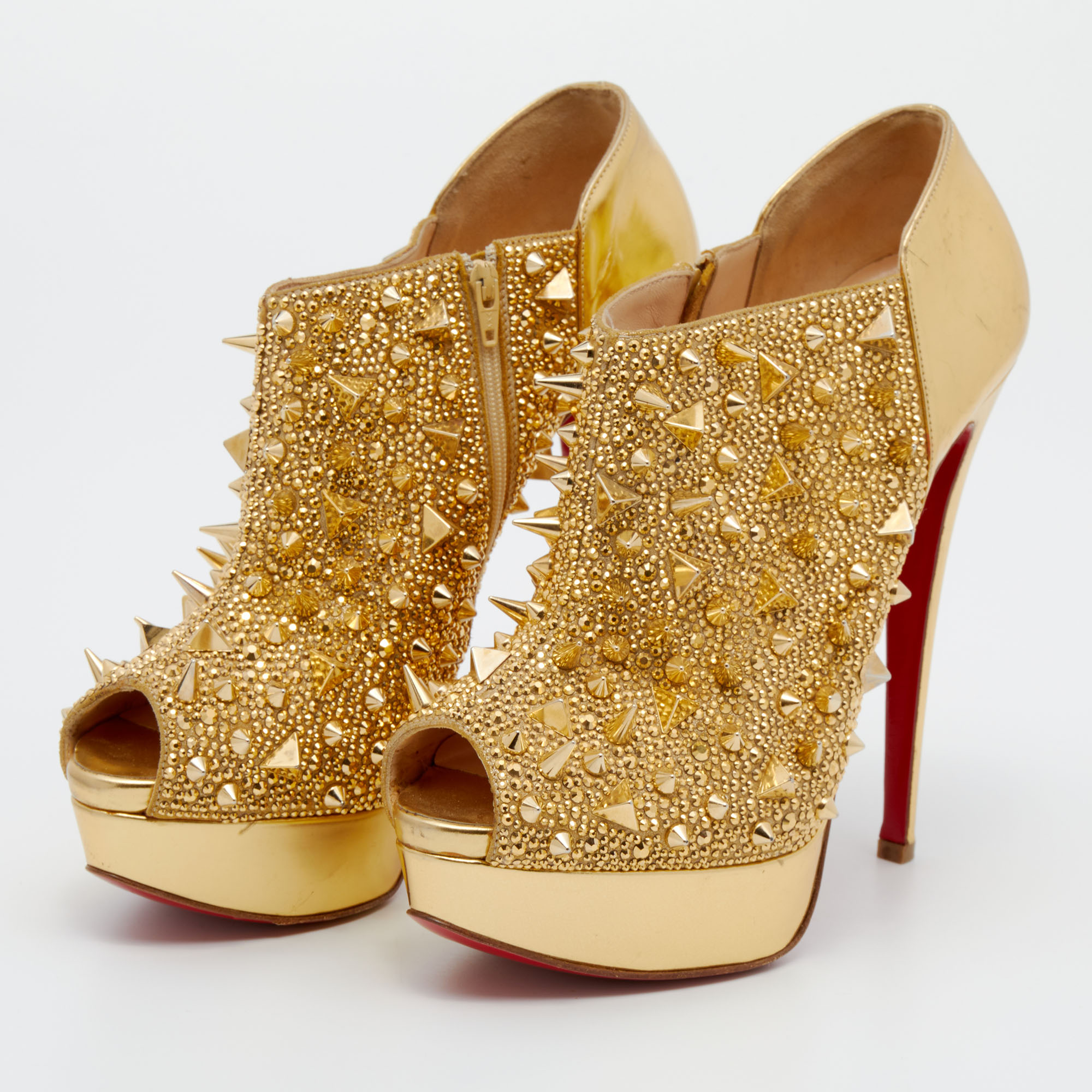 

Christian Louboutin Metallic Gold Leather Bridget's Back Spike Peep Toe Booties Size