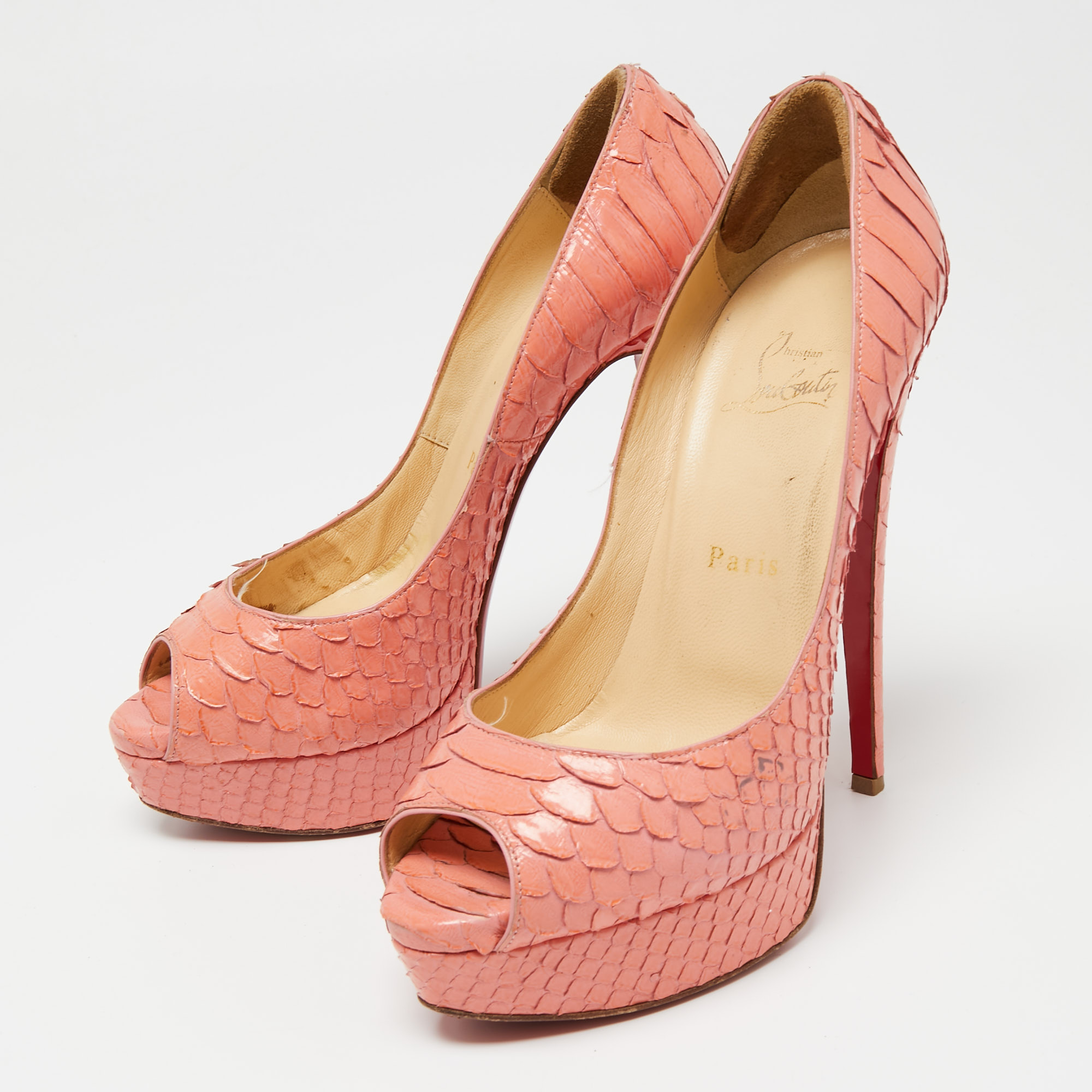 

Christian Louboutin Peach Pink Python Leather Lady Peep-Toe Platform Pumps Size