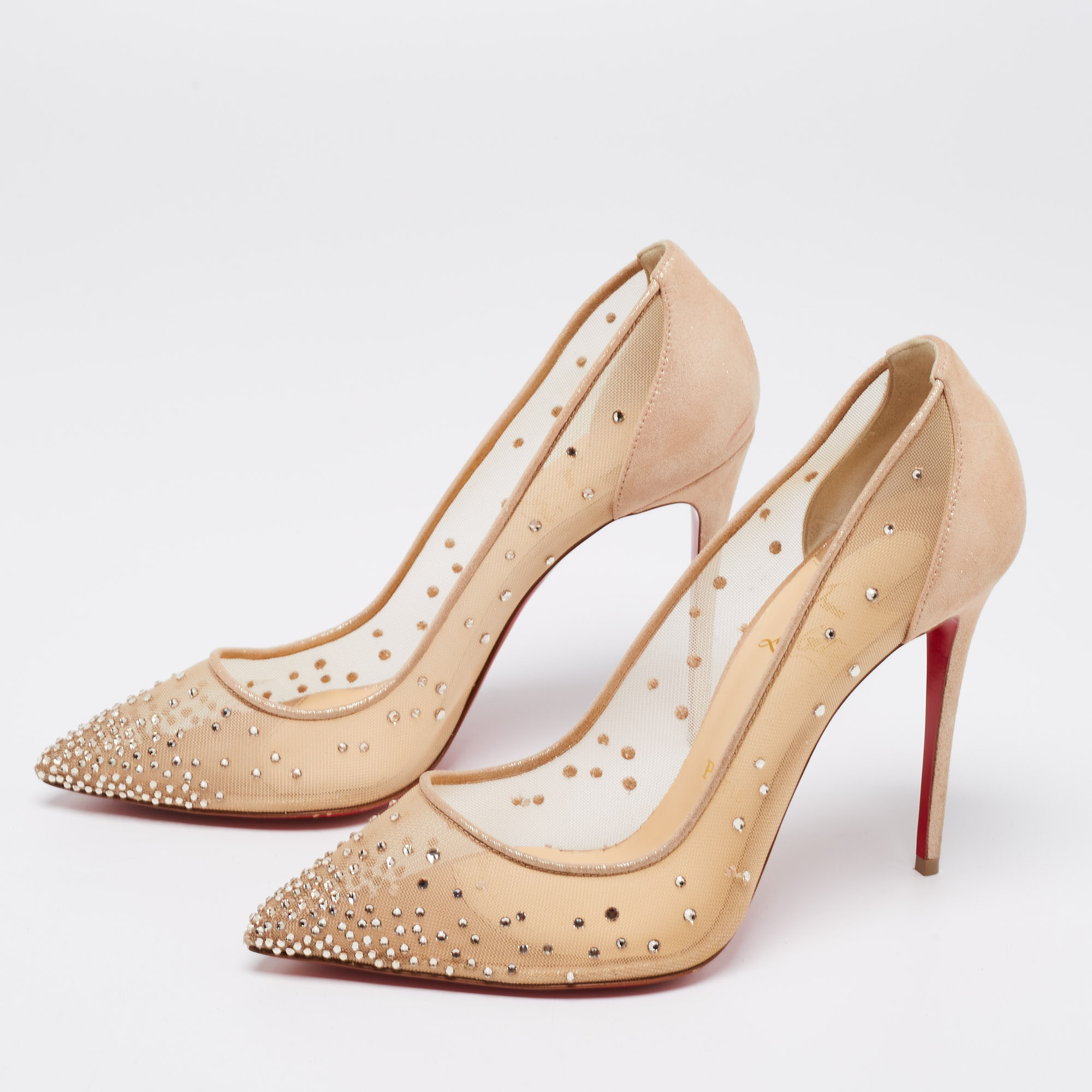 

Christian Louboutin Beige Mesh And Suede Follies Strass Crystal Embellished Pumps Size