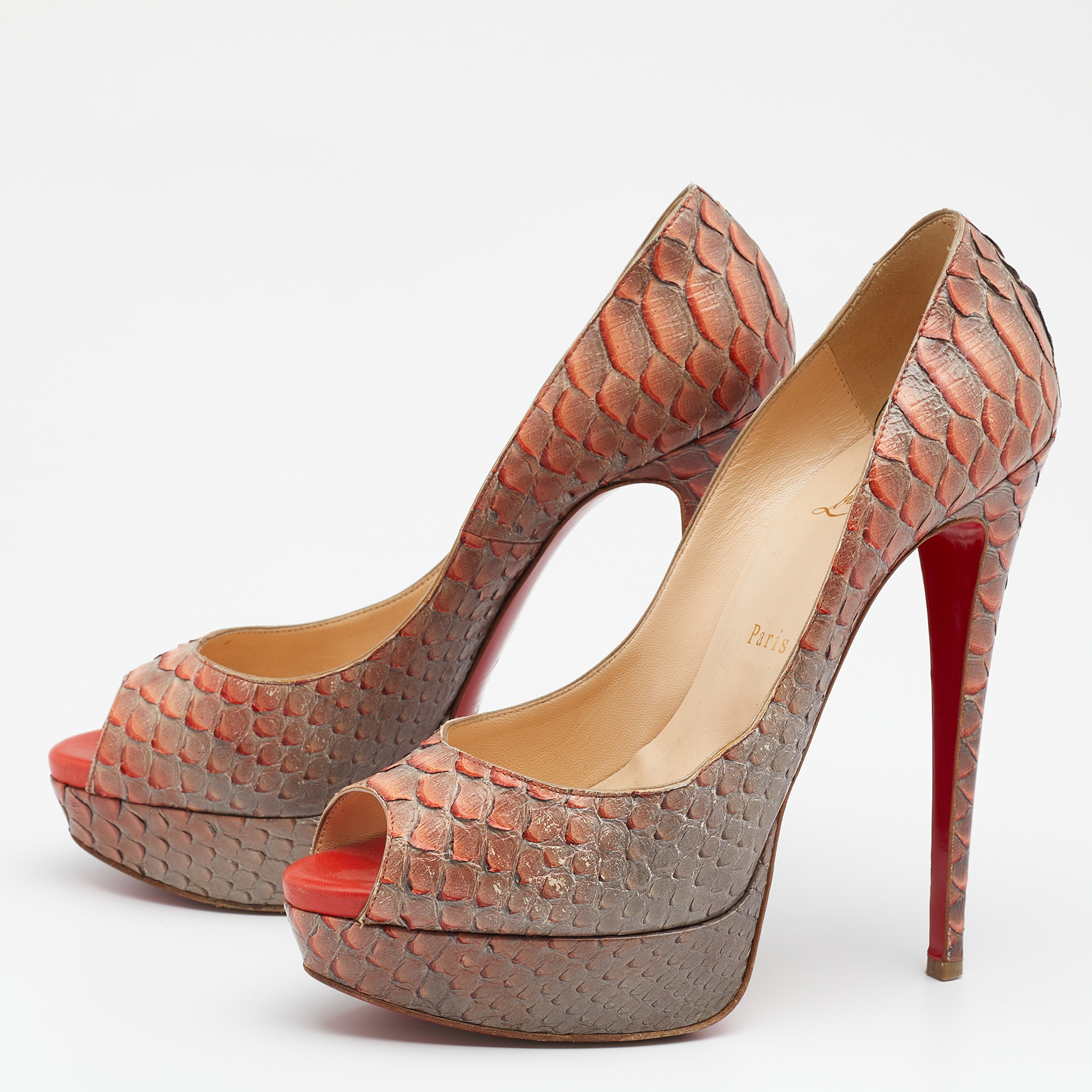 

Christian Louboutin Ombre Grey/Orange Python Leather Lady Peep Platform Pumps Size