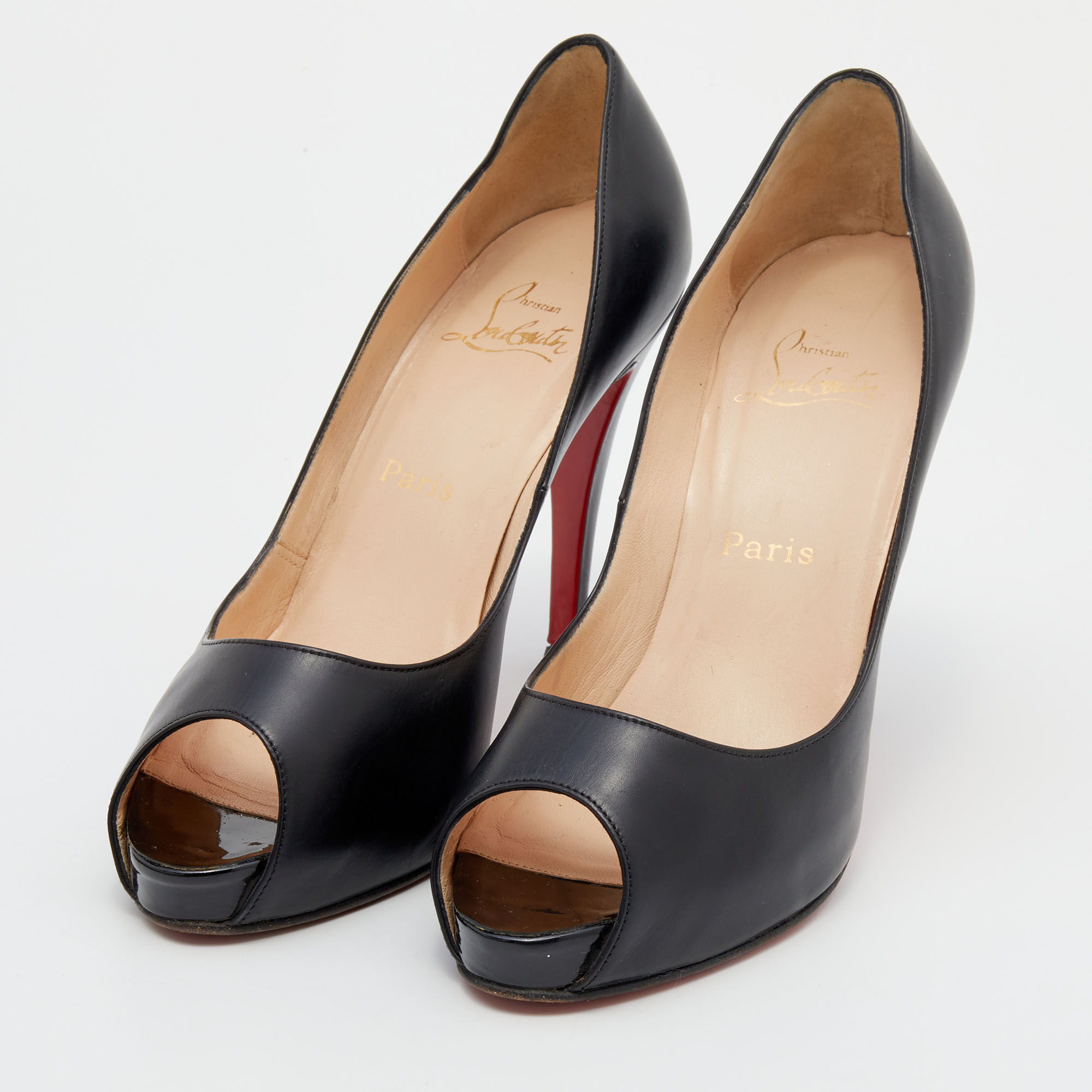 

Christian Louboutin Black Leather New Very Prive Peep Toe Pumps Size