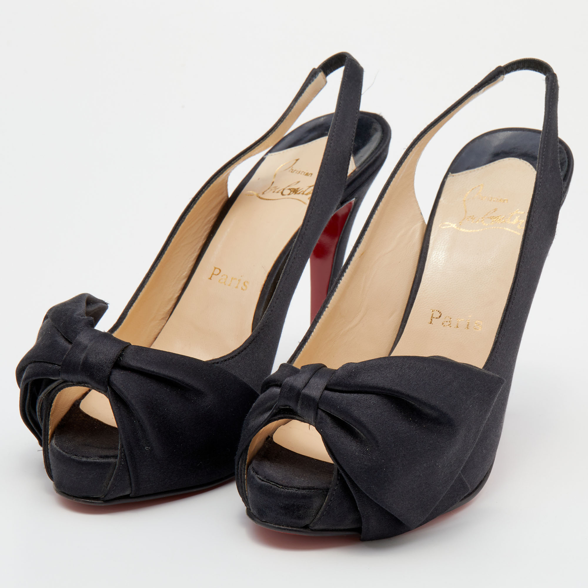 

Christian Louboutin Black Satin Bow Slingback Sandals Size