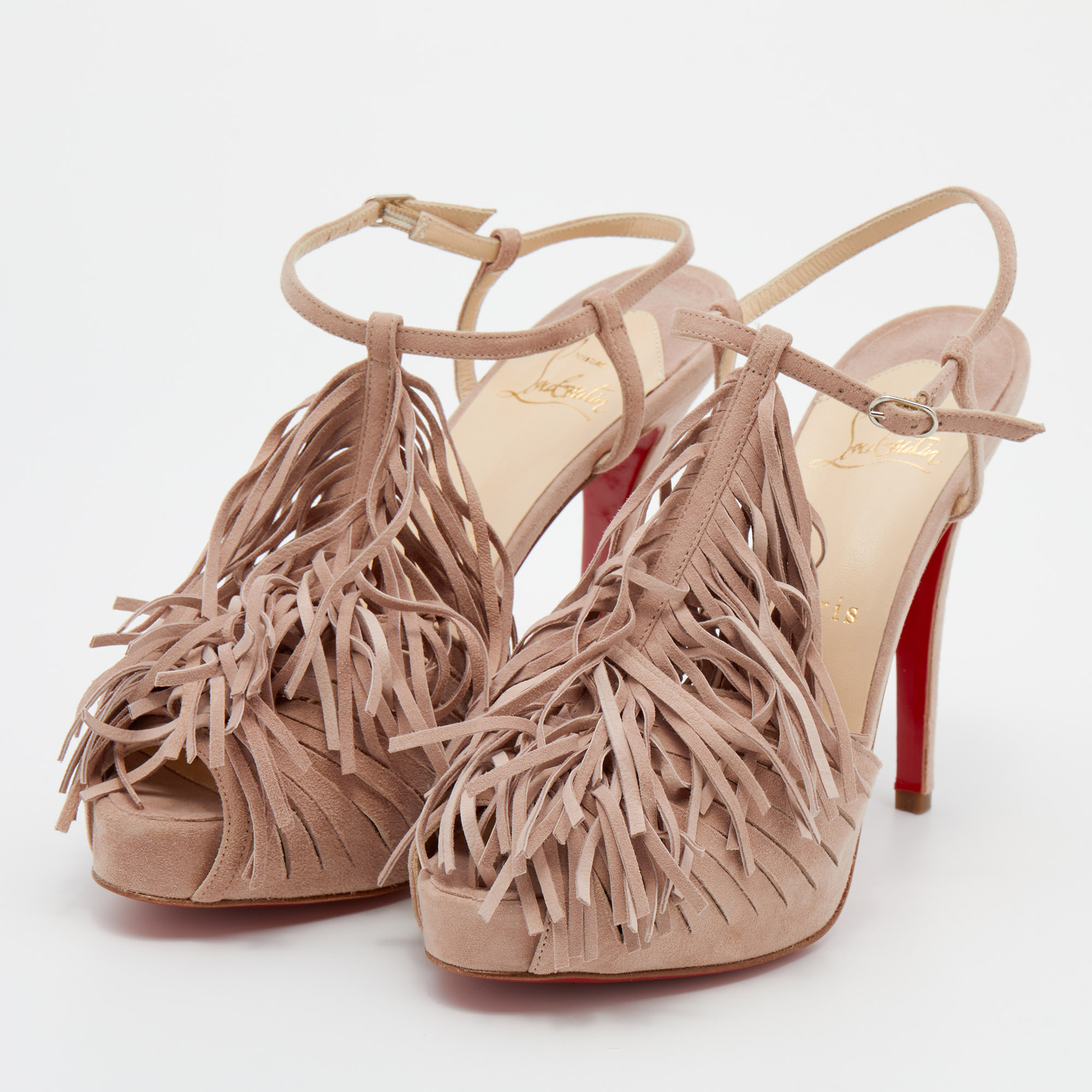 

Christian Louboutin Pink Suede Fringe T-Strap Platform Sandals Size