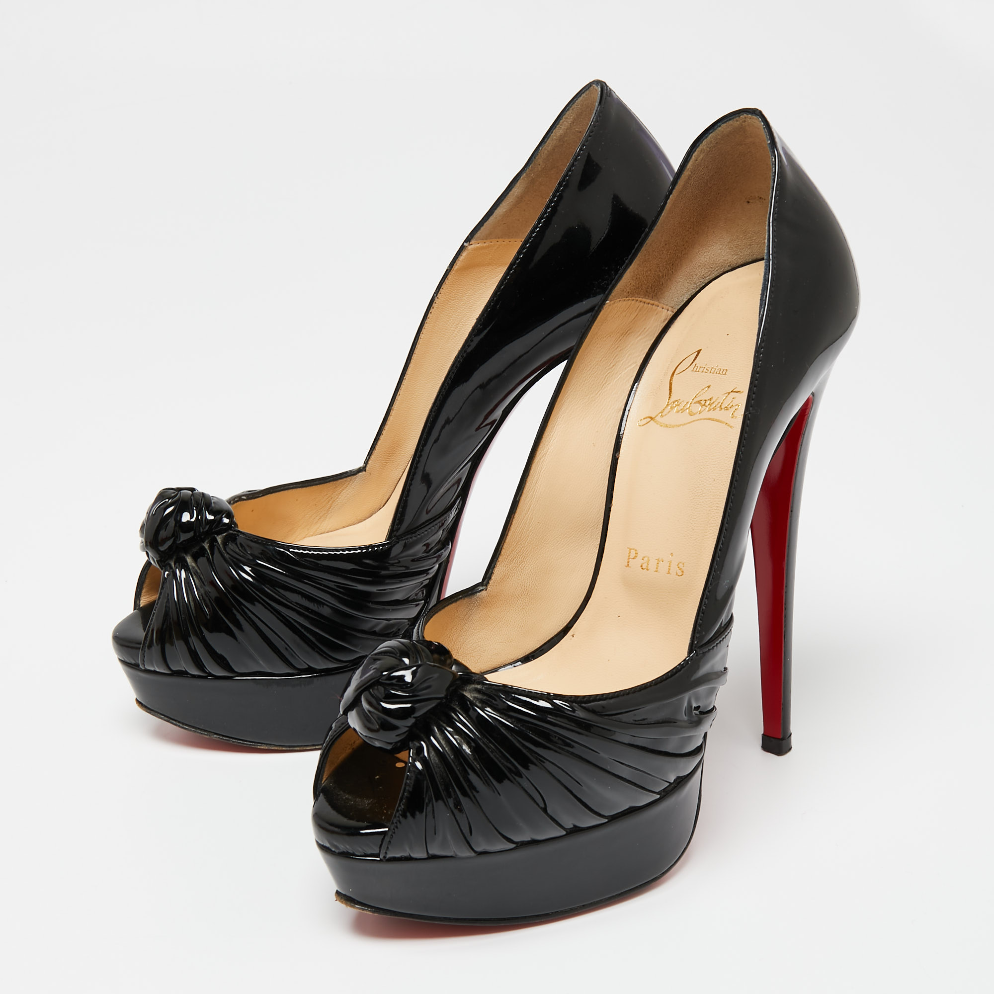

Christian Louboutin Black Patent Leather Jenny Knot Peep-Toe Platform Pumps Size