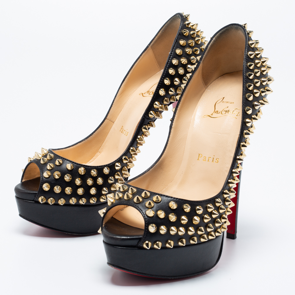 

Christian Louboutin Black Leather Lady Peep-Toe Spikes Platform Pumps Size