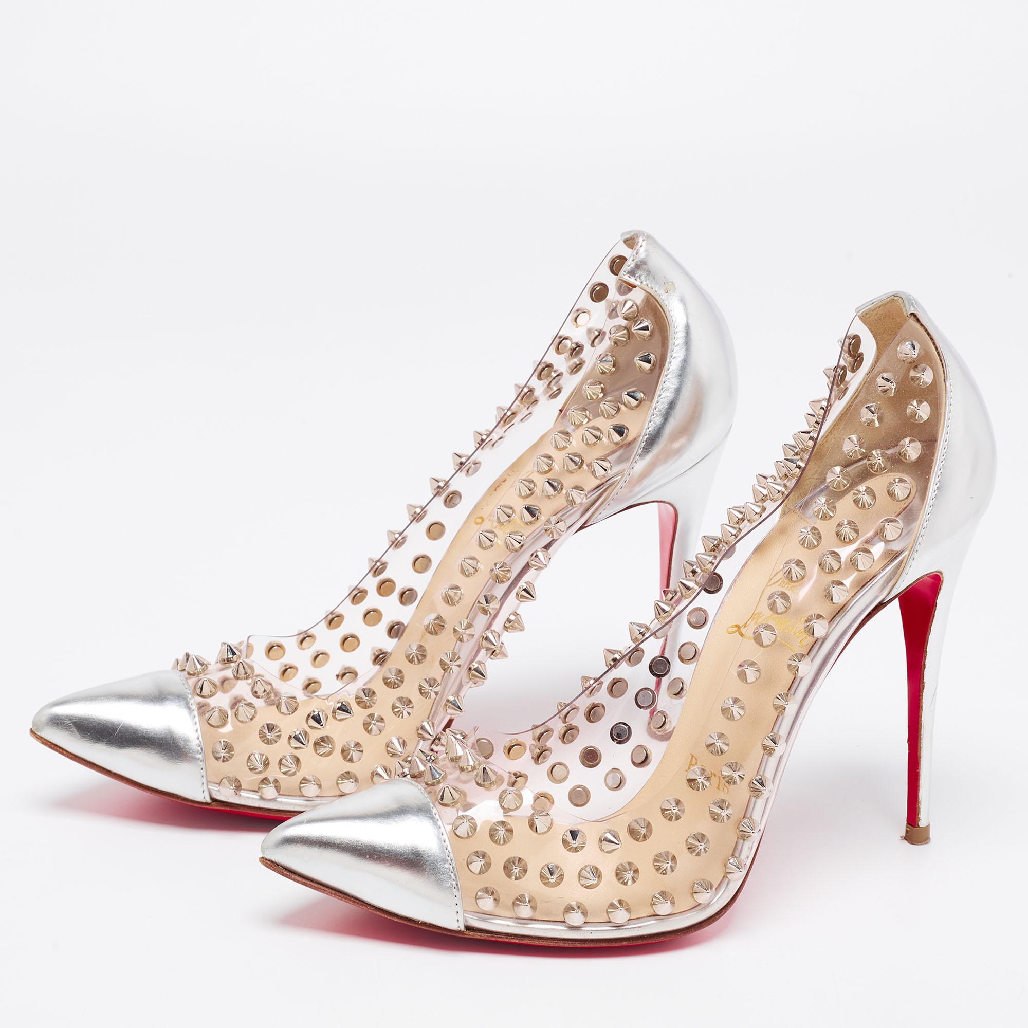

Christian Louboutin Silver Leather and PVC Spike Me Pumps Size