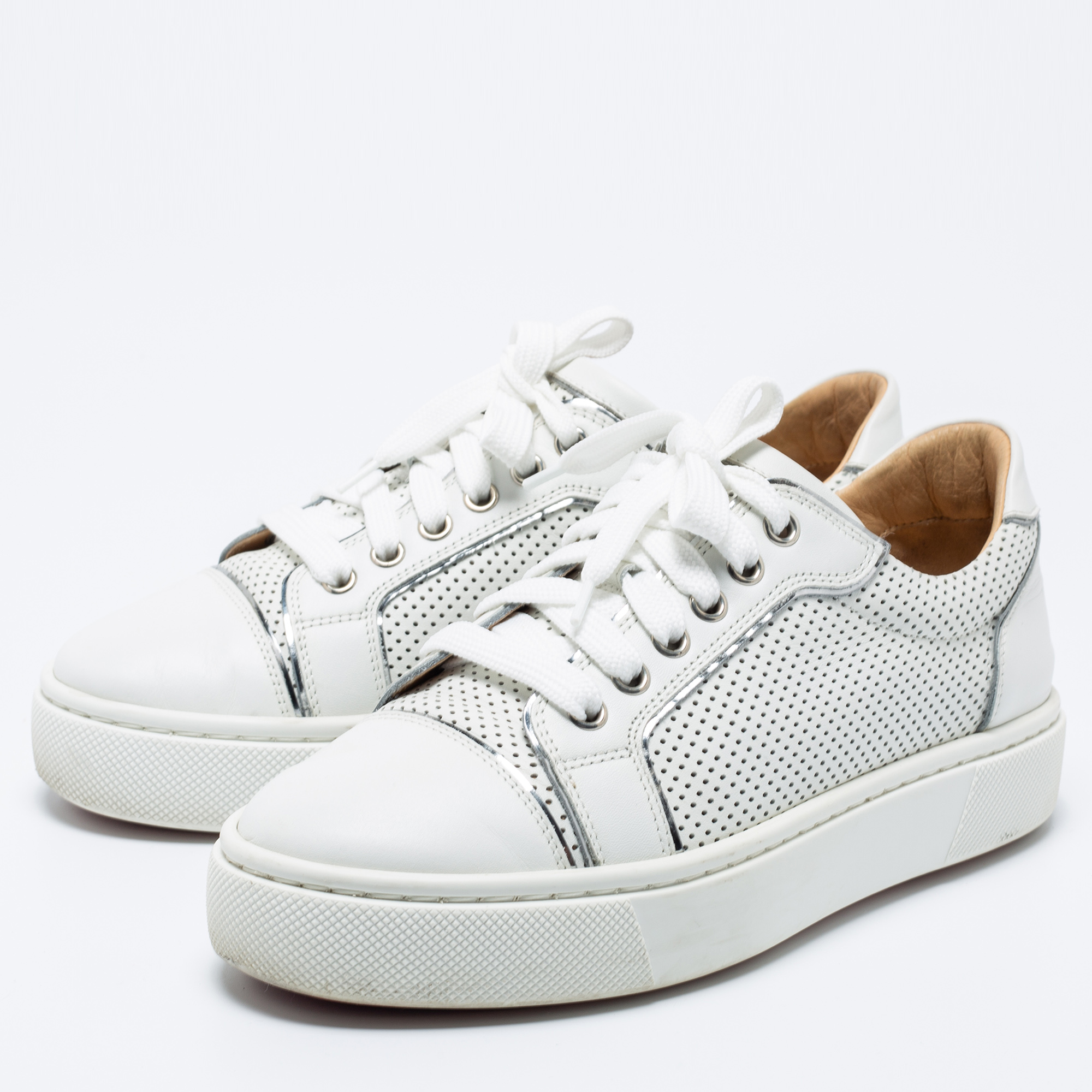 

Christian Louboutin White Perforated and Leather Vieirissima Low-top Sneakers Size