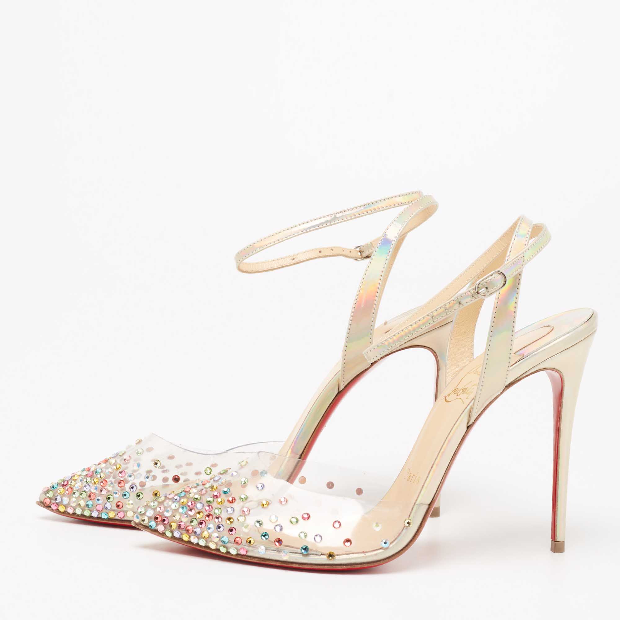 

Christian Louboutin Multicolor Iridescent Leather and PVC Spikaqueen Ankle-Strap Pumps Size