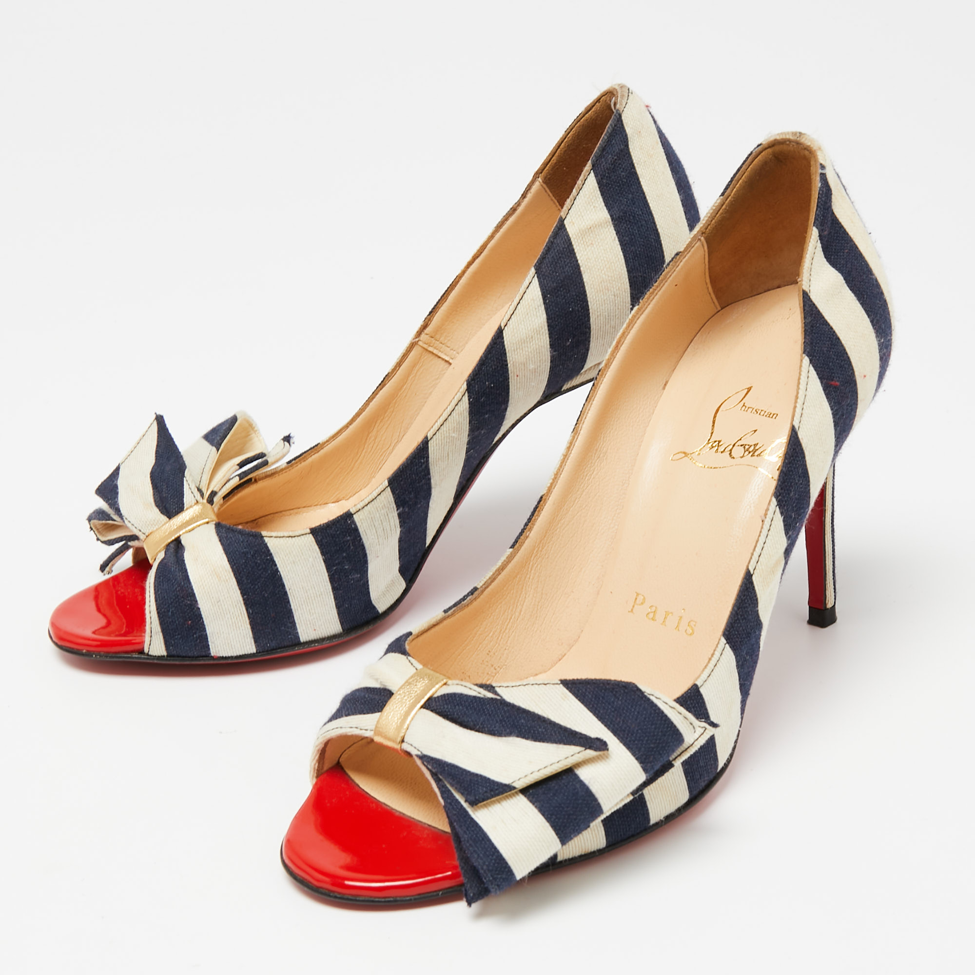 

Christian Louboutin Navy Blue/White Stripe Fabric Just Soon Peep Toe Pumps Size