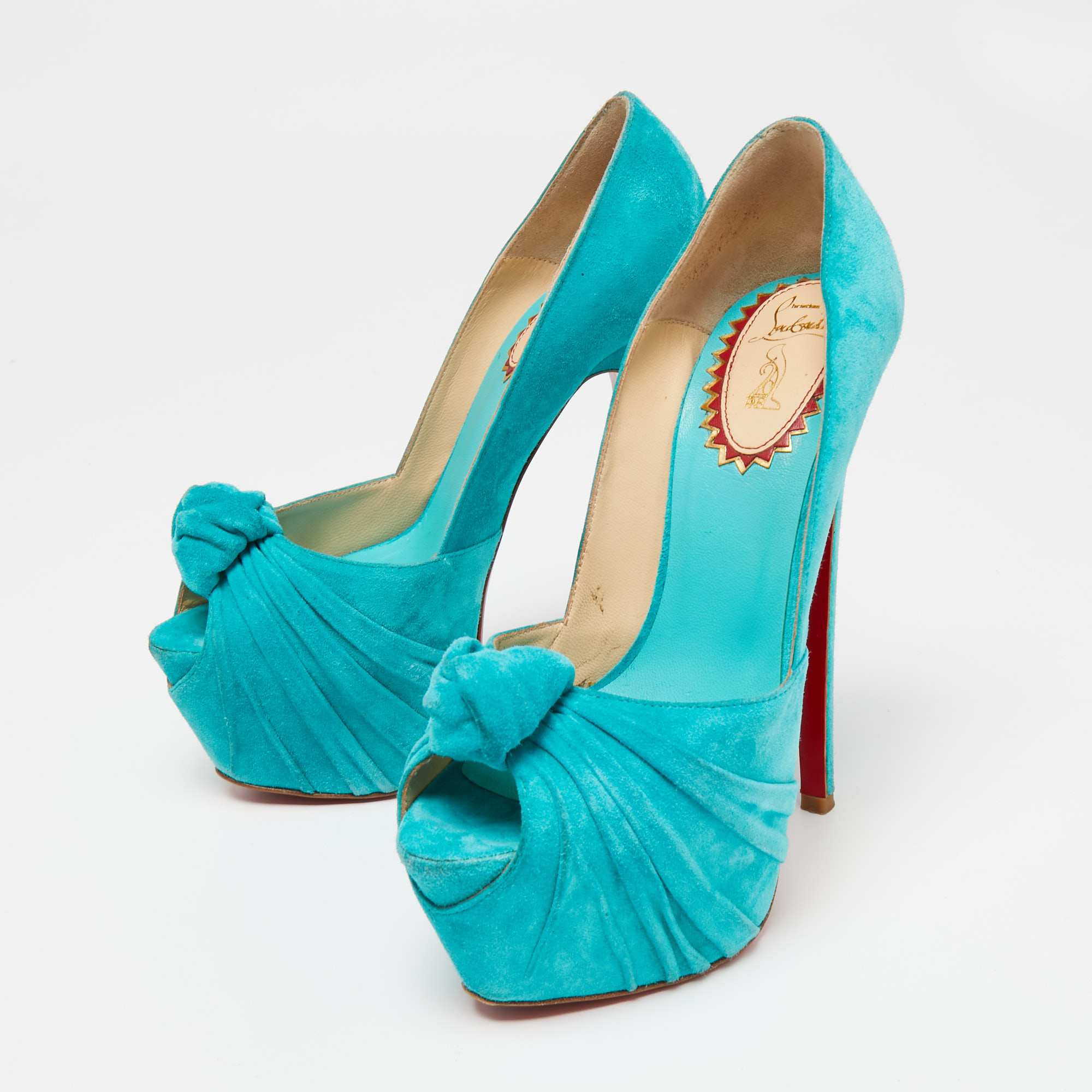 

Christian Louboutin Turquoise Suede Lady Gres 20th Anniversary Peep-Toe Platform Pumps Size, Blue