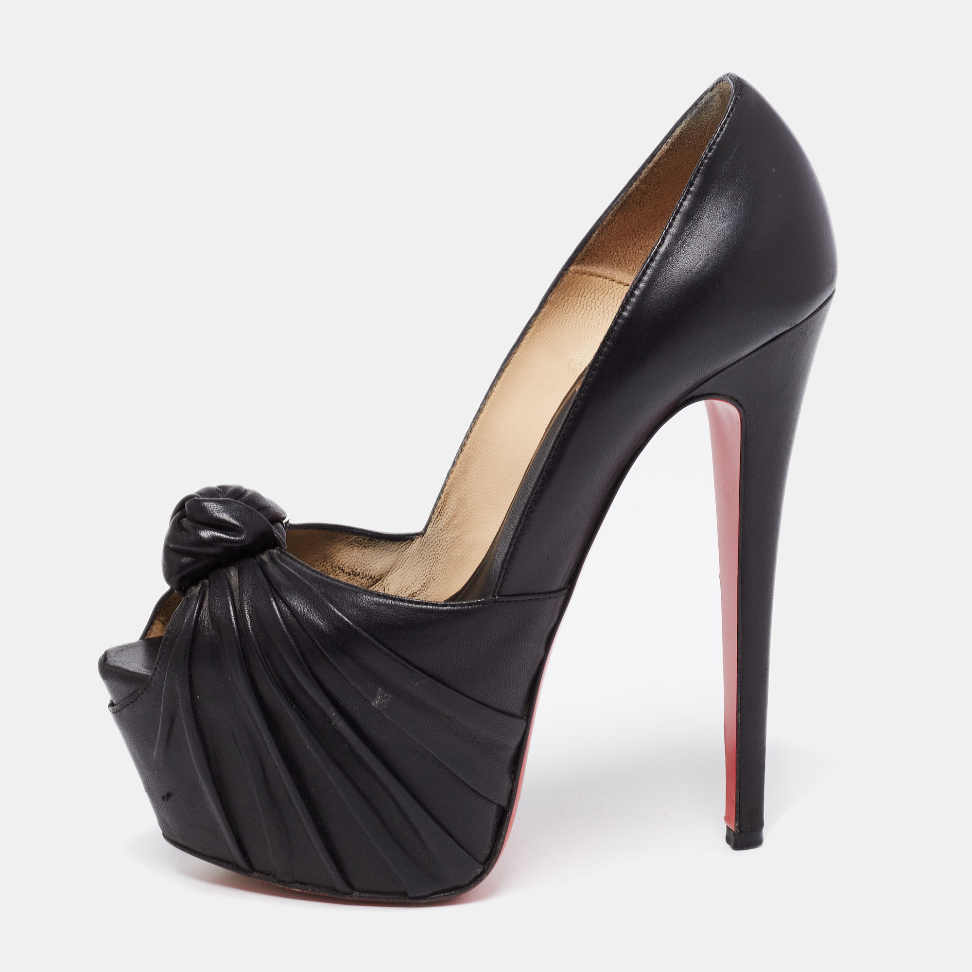 Pre-owned Christian Louboutin Black Leather Lady Gres Knotted 20th Anniversary Peep-toe Platform Pumps Size 37