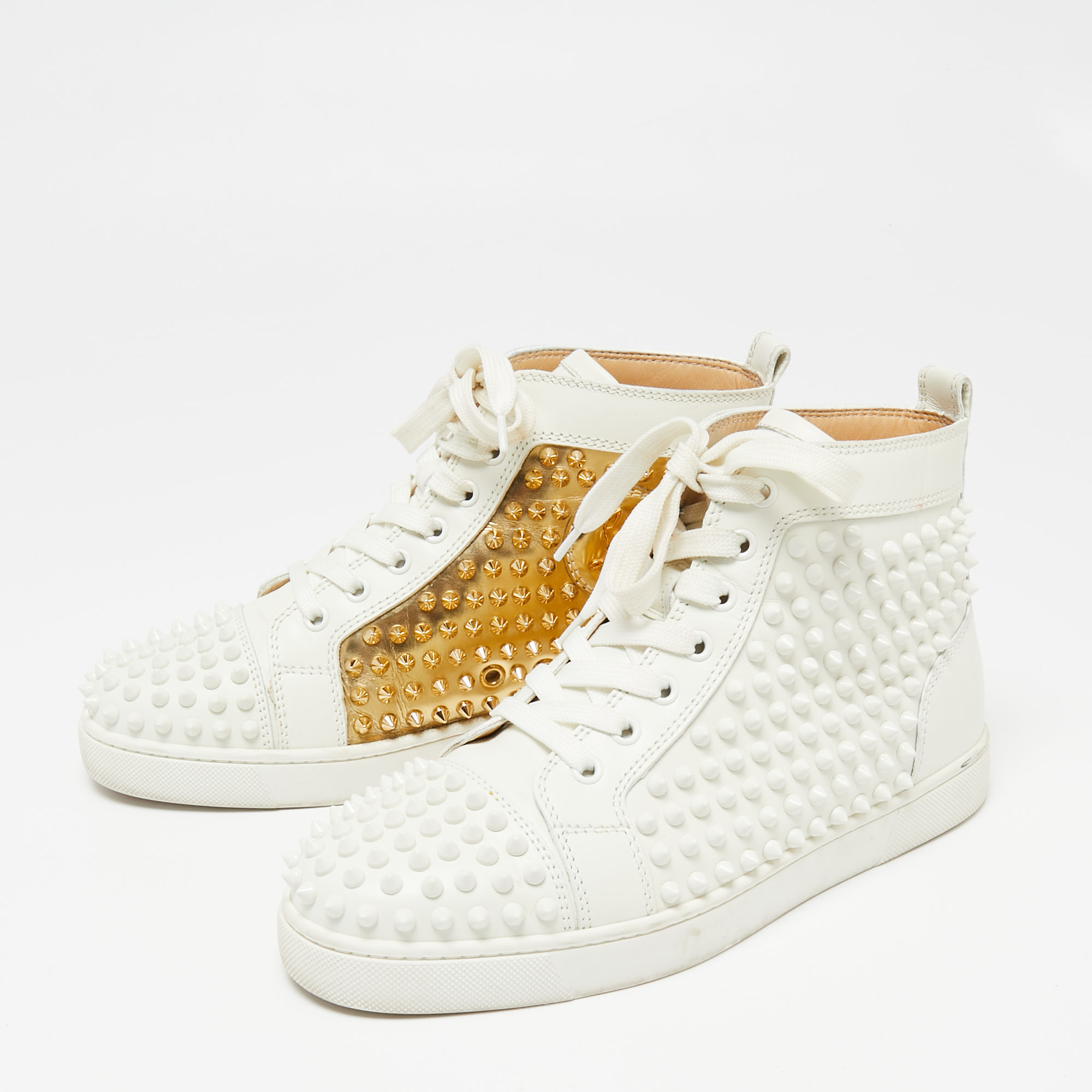 

Christian Louboutin Gold/White Leather Louis Spikes High Top Sneakers Size