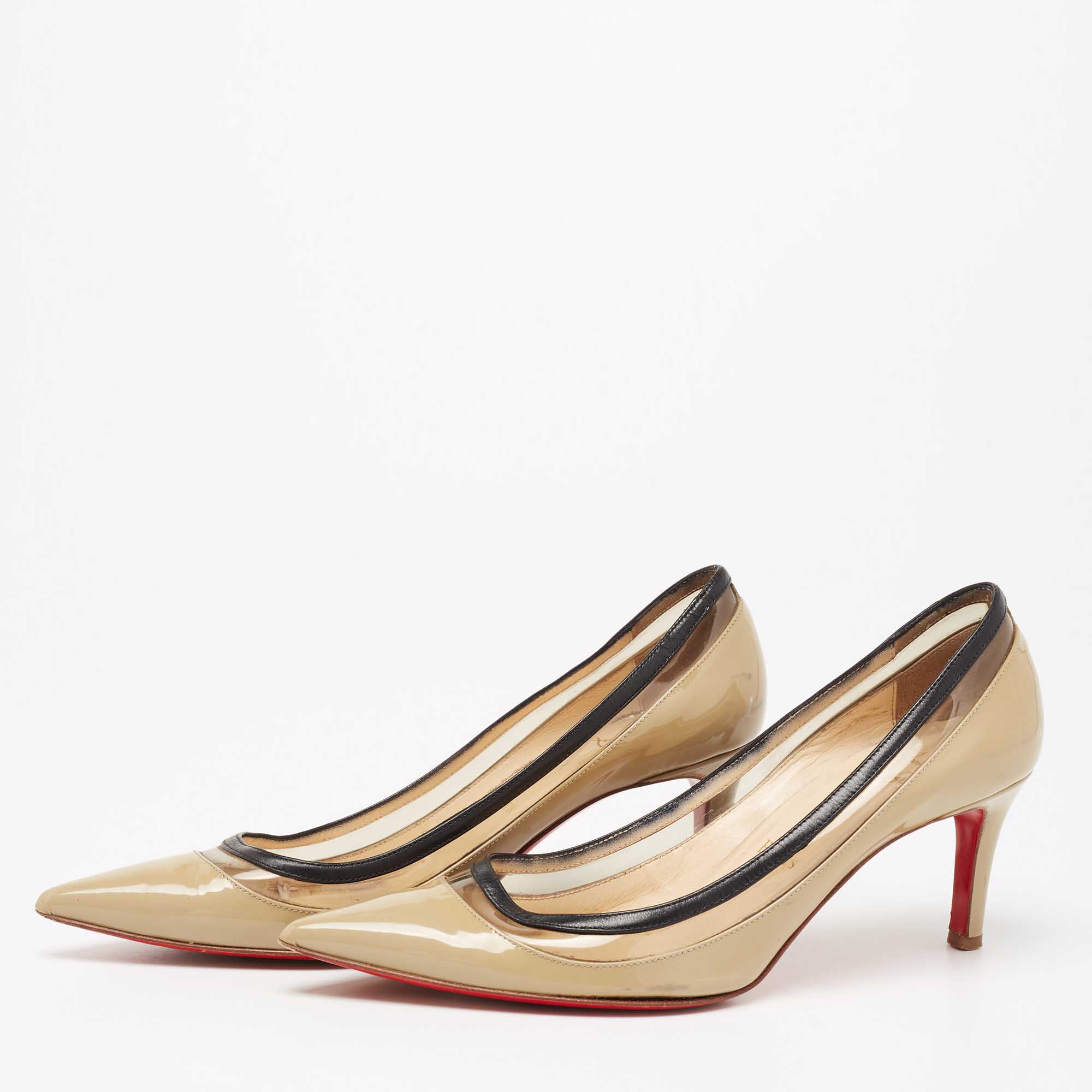 

Christian Louboutin Beige/Black Patent Leather and PVC Paulina Pumps Size