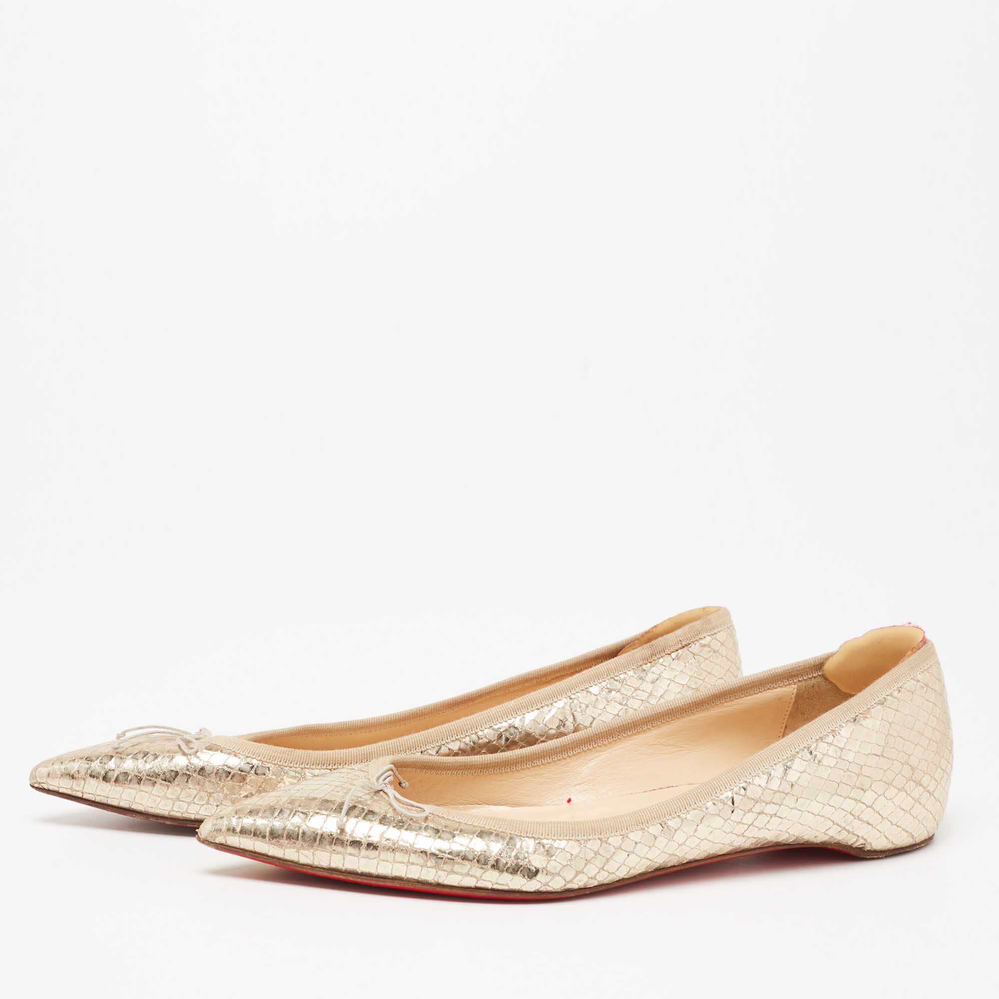 

Christian Louboutin Gold Snakeskin Embossed Leather Bow Ballet Flats Size